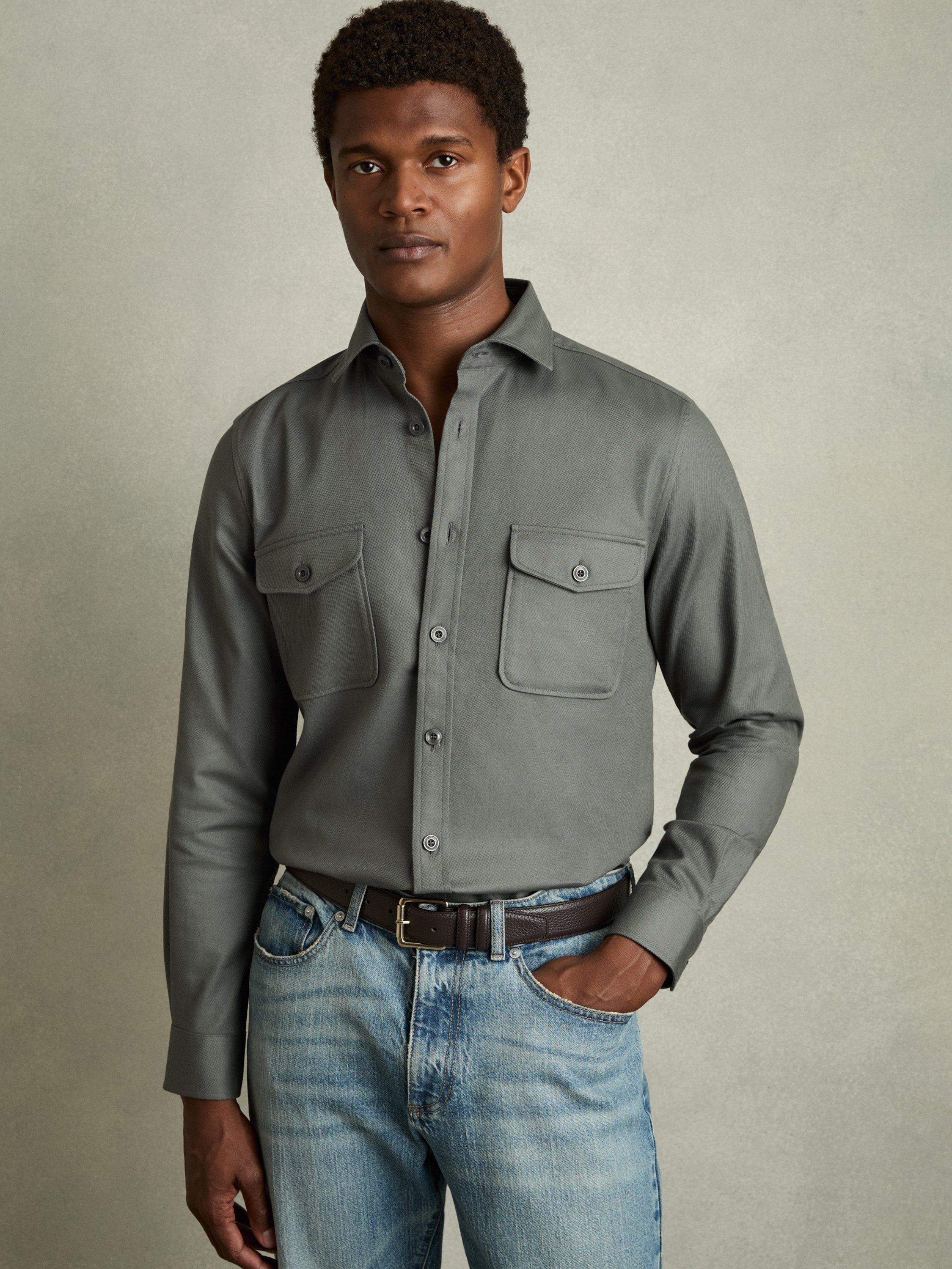 Product image 1 of 5, which shows Reiss Whisper Cotton Blend Regular Fit Shirt, Sage, XS