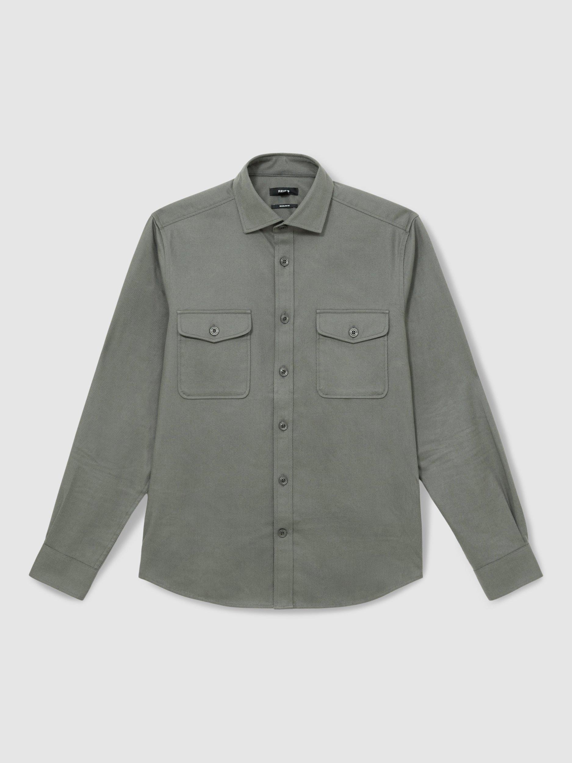 Product image 3 of 5, which shows Reiss Whisper Cotton Blend Regular Fit Shirt, Sage, XS
