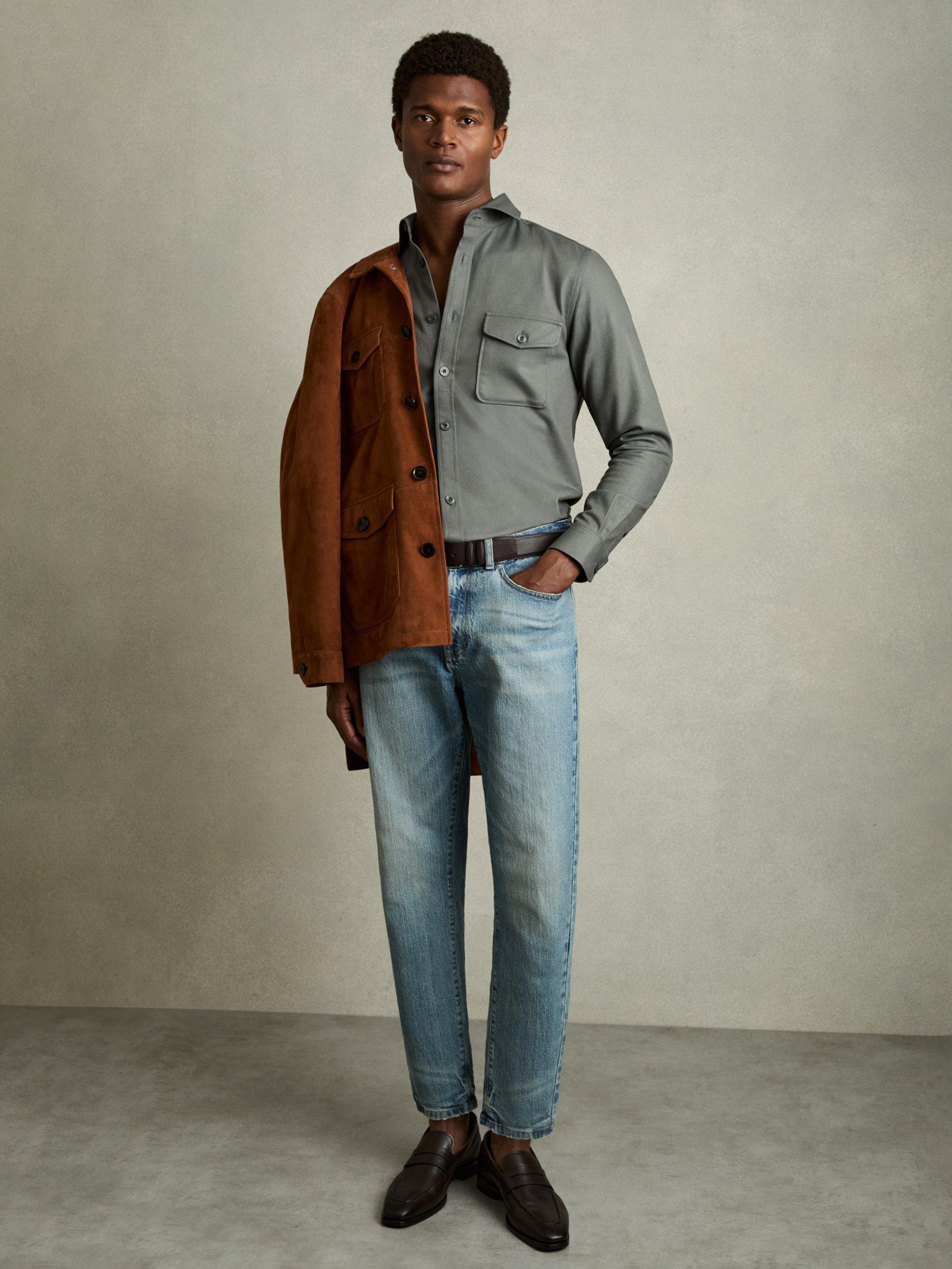Product image 4 of 5, which shows Reiss Whisper Cotton Blend Regular Fit Shirt, Sage, XS