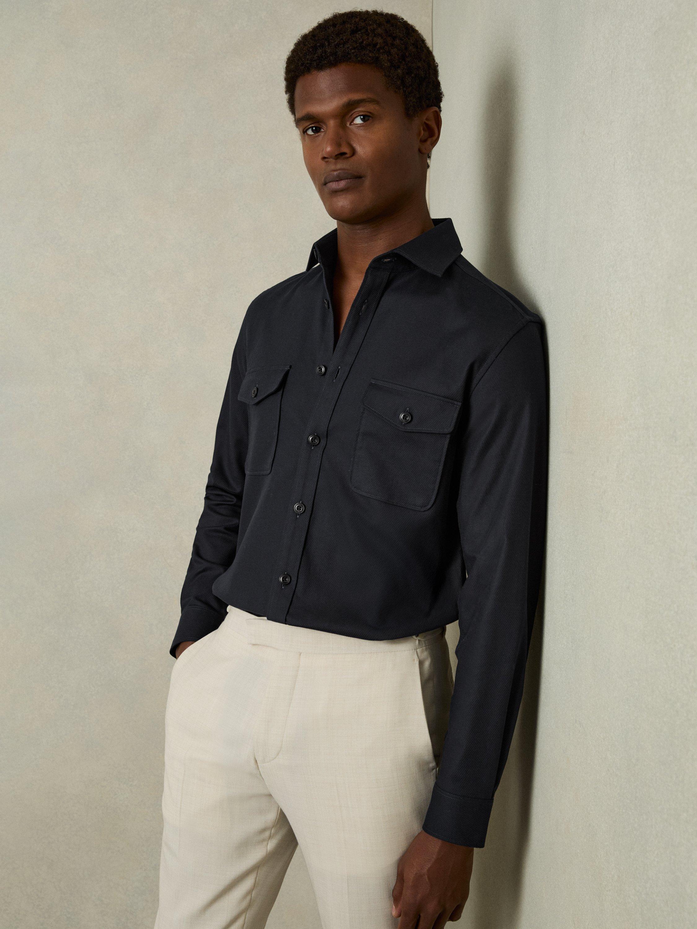 Product image 1 of 5, which shows Reiss Whisper Stretch Cotton Twill Twin Pocket Overshirt, Navy, XS