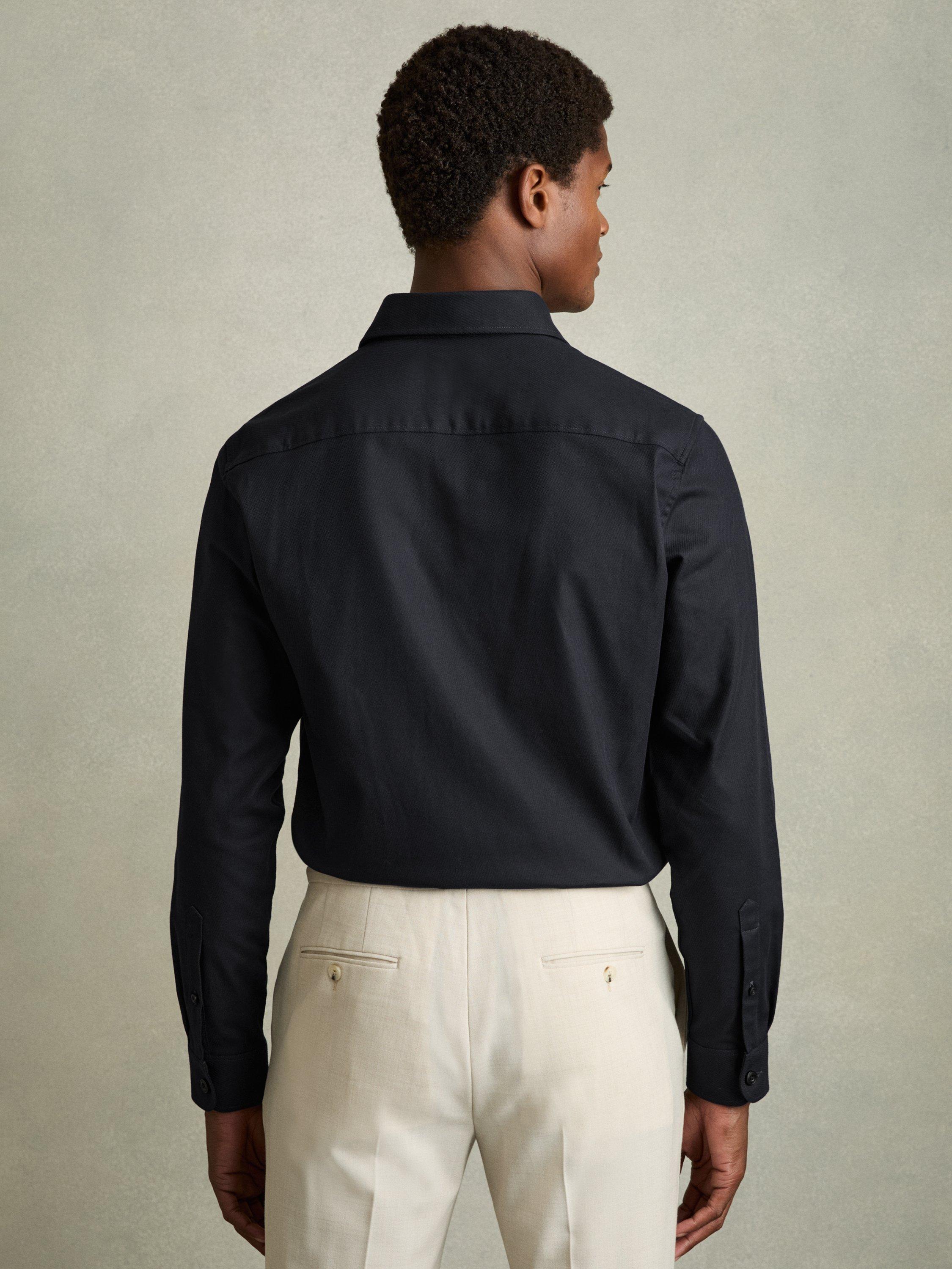 Product image 2 of 5, which shows Reiss Whisper Stretch Cotton Twill Twin Pocket Overshirt, Navy, XS