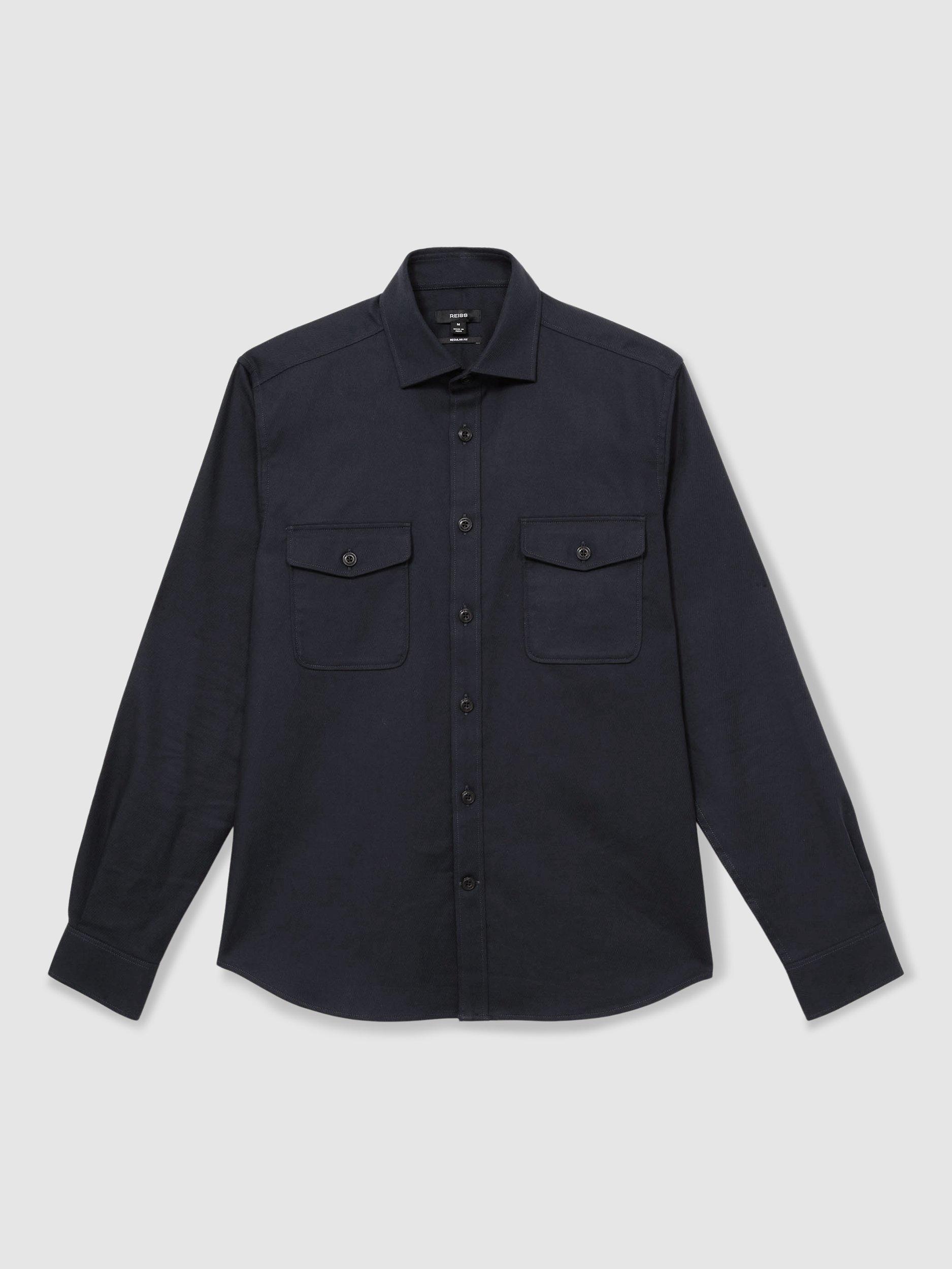 Product image 3 of 5, which shows Reiss Whisper Stretch Cotton Twill Twin Pocket Overshirt, Navy, XS