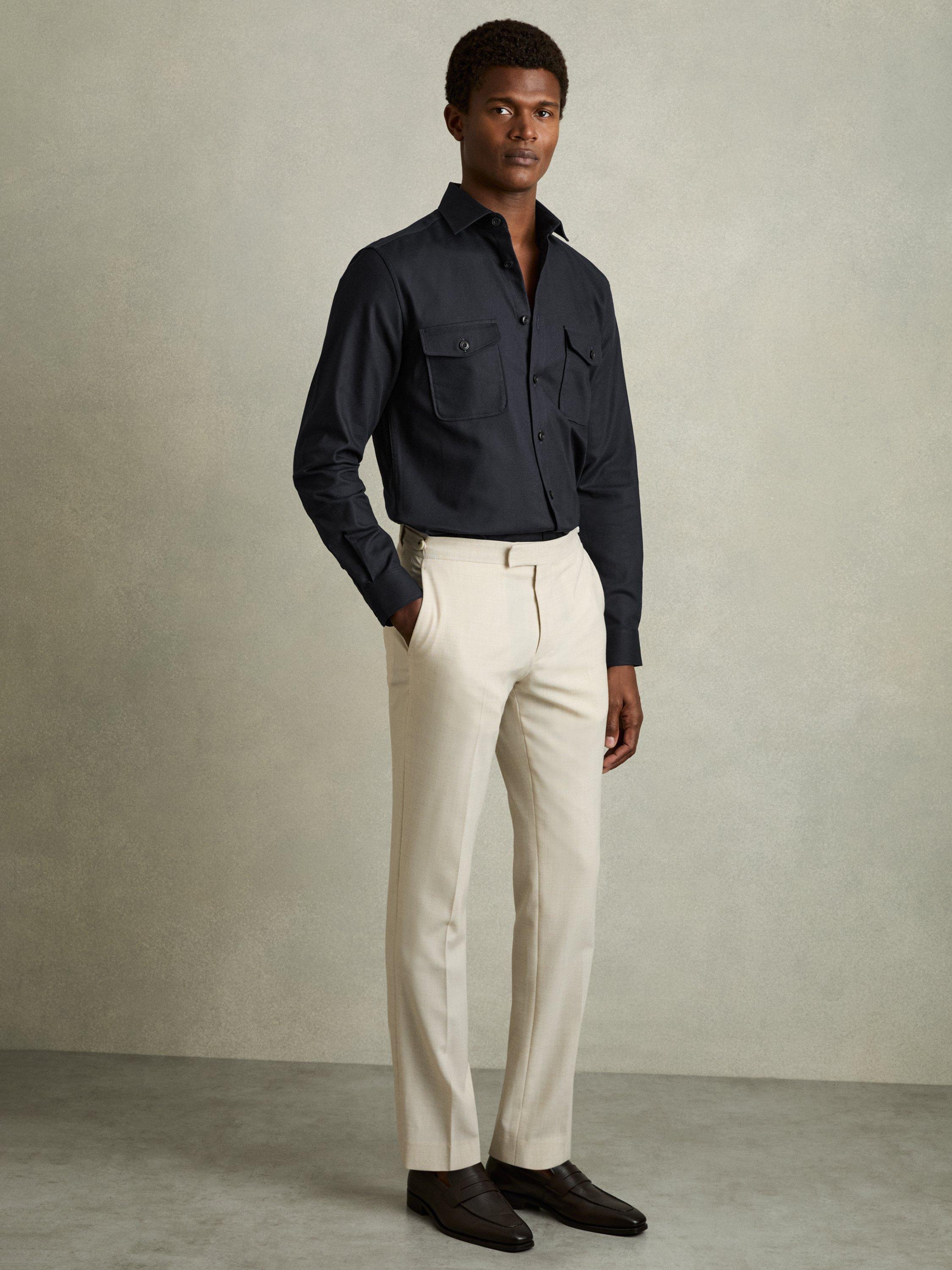 Product image 4 of 5, which shows Reiss Whisper Stretch Cotton Twill Twin Pocket Overshirt, Navy, XS