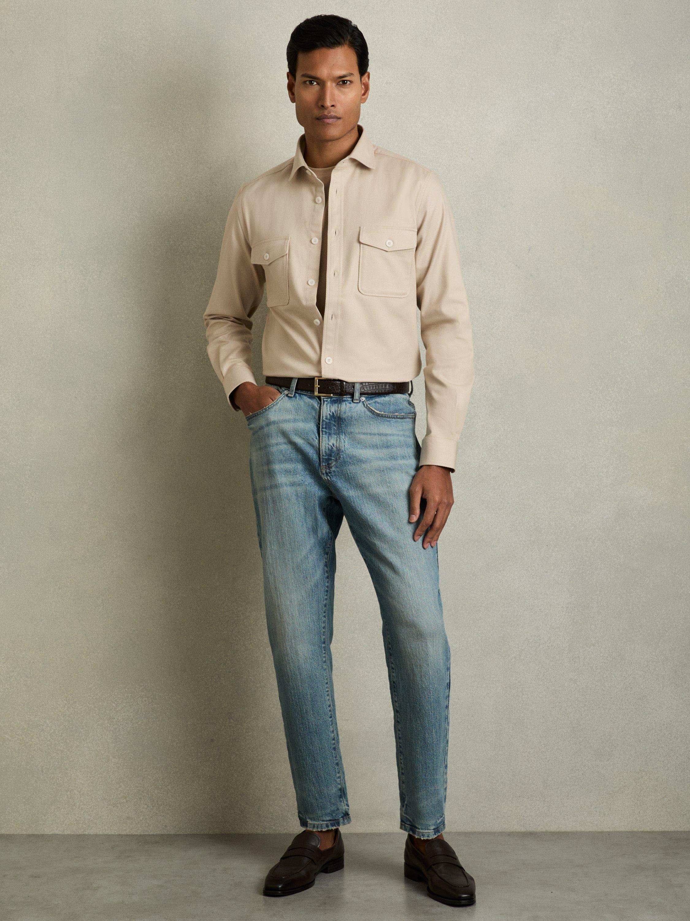 Product image 1 of 5, which shows Reiss Whisper Stretch Cotton Twill Twin Pocket Overshirt, Stone, XS