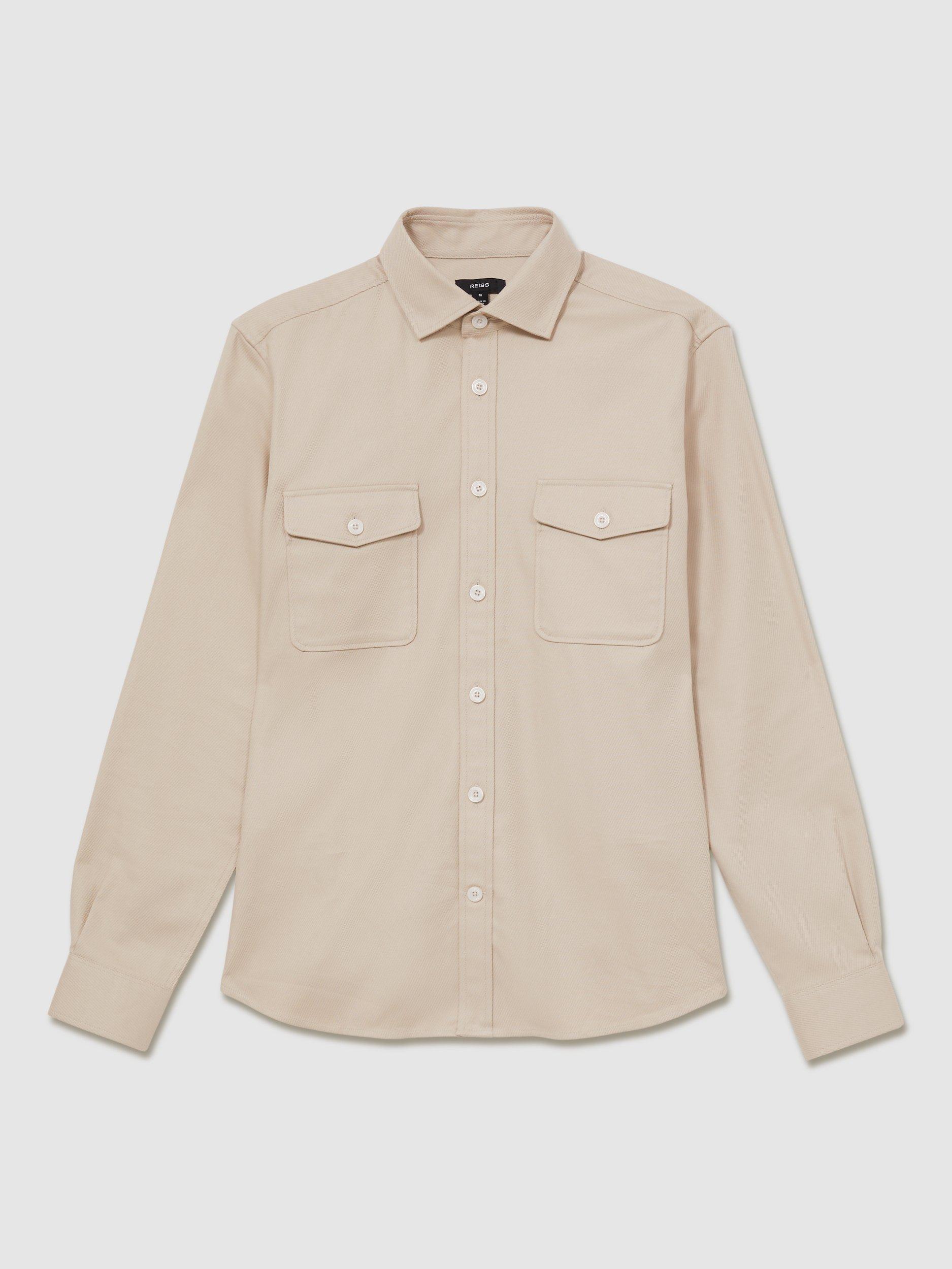 Product image 3 of 5, which shows Reiss Whisper Stretch Cotton Twill Twin Pocket Overshirt, Stone, XS