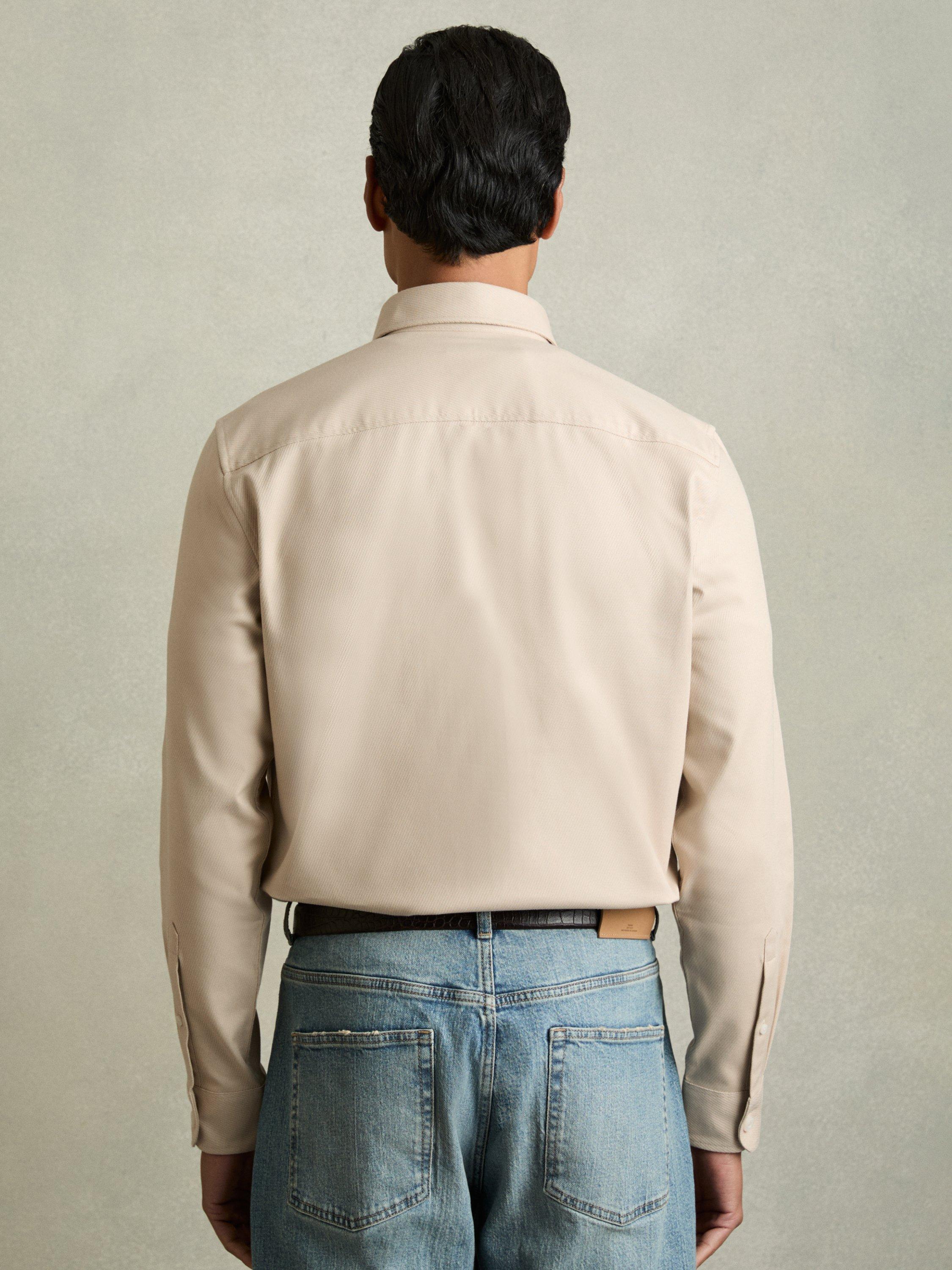 Product image 5 of 5, which shows Reiss Whisper Stretch Cotton Twill Twin Pocket Overshirt, Stone, XS