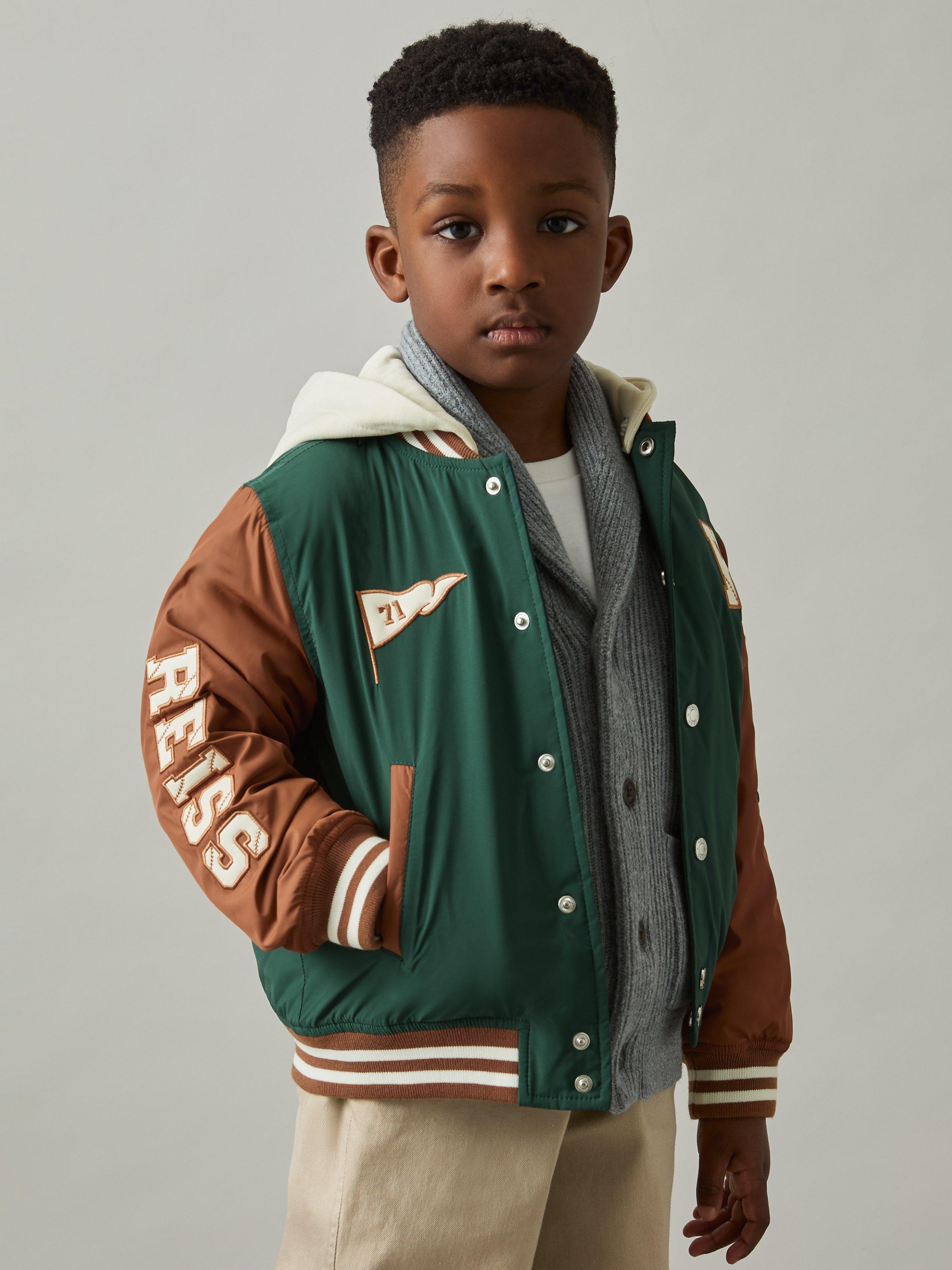 Product image 1 of 5, which shows Reiss Kids' Wells Colour Block Baseball Bomber Jacket, Green/Tobacco Brown, 3-4 years