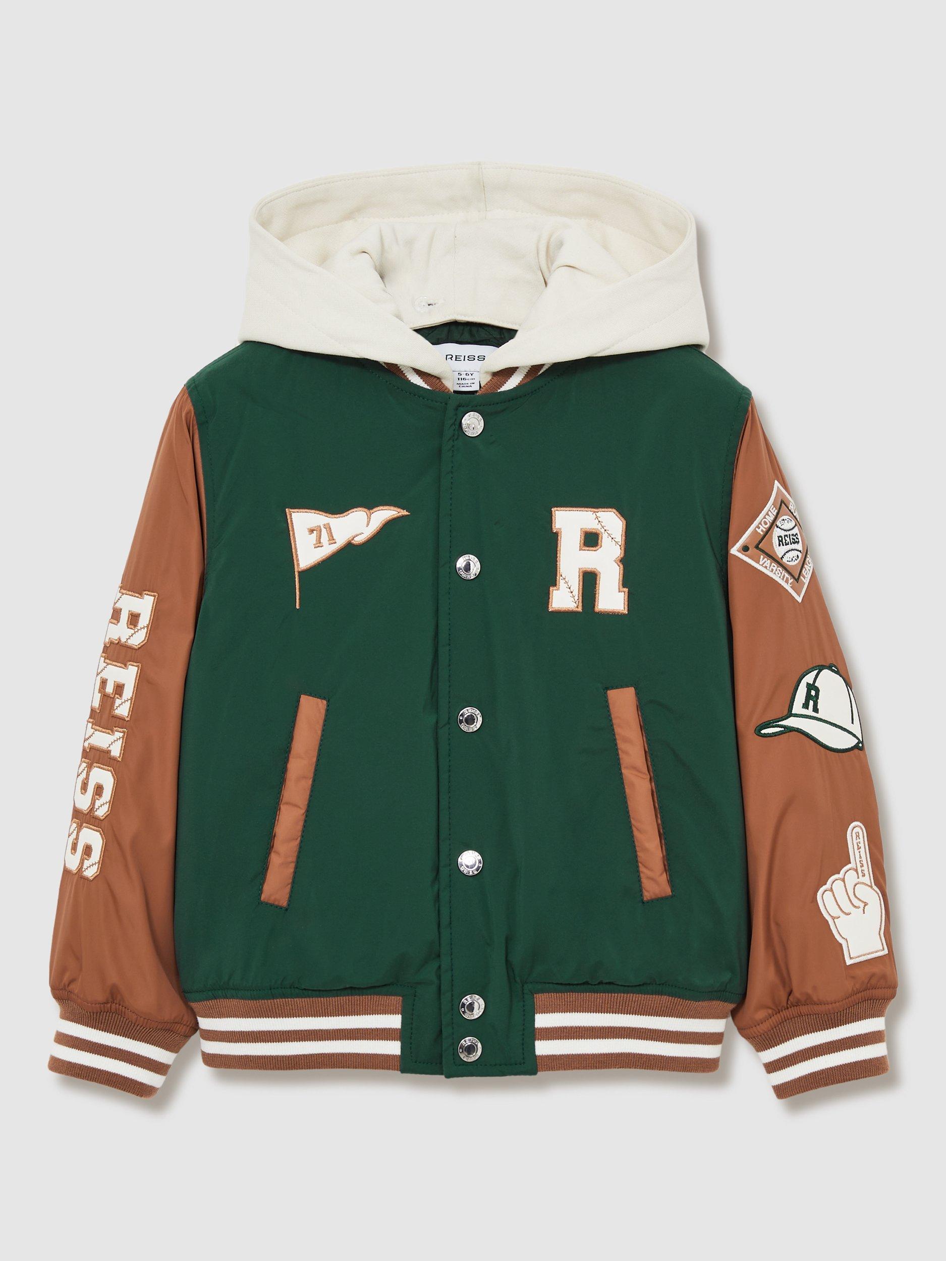 Product image 2 of 5, which shows Reiss Kids' Wells Colour Block Baseball Bomber Jacket, Green/Tobacco Brown, 3-4 years