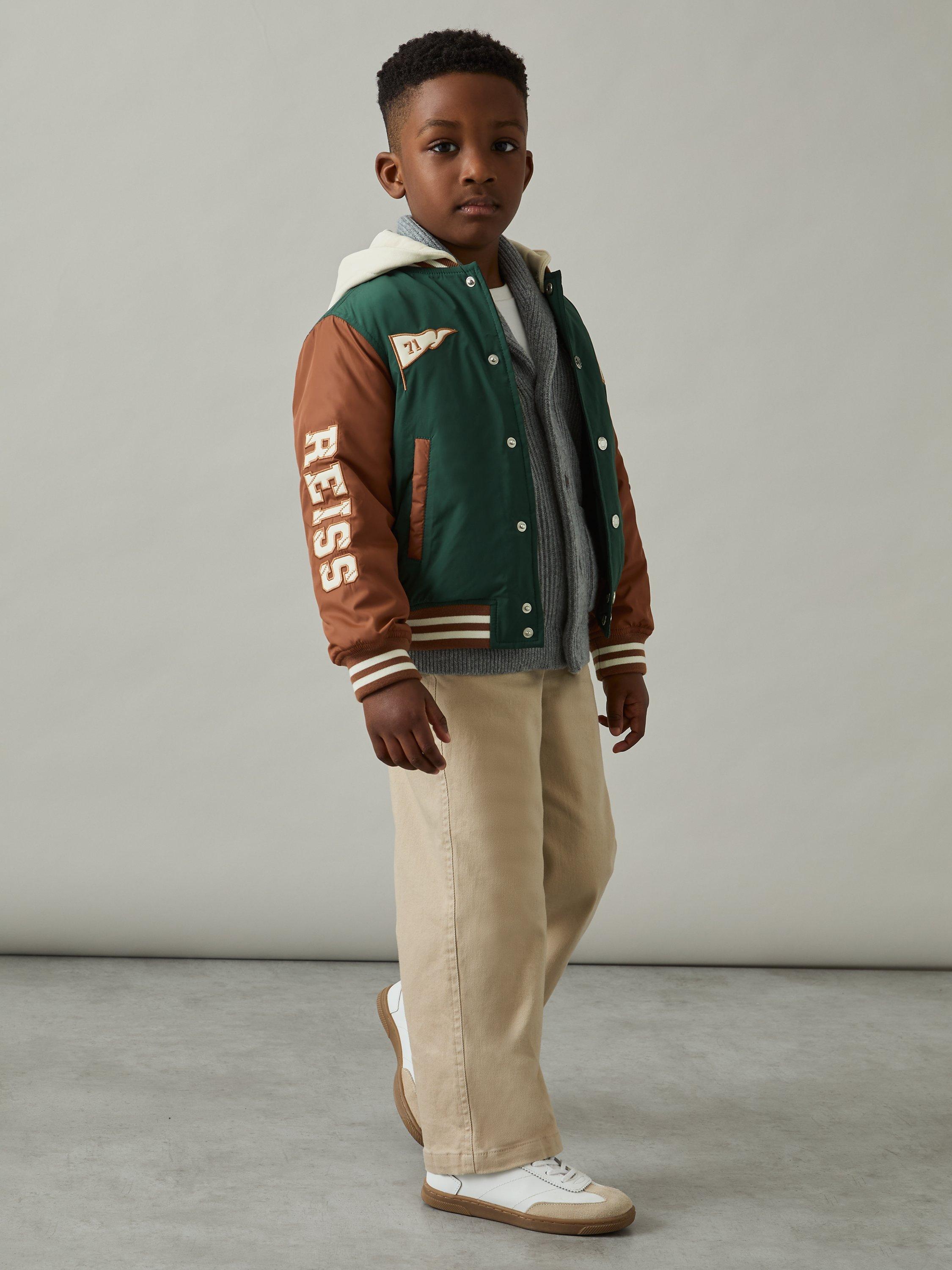 Product image 3 of 5, which shows Reiss Kids' Wells Colour Block Baseball Bomber Jacket, Green/Tobacco Brown, 3-4 years