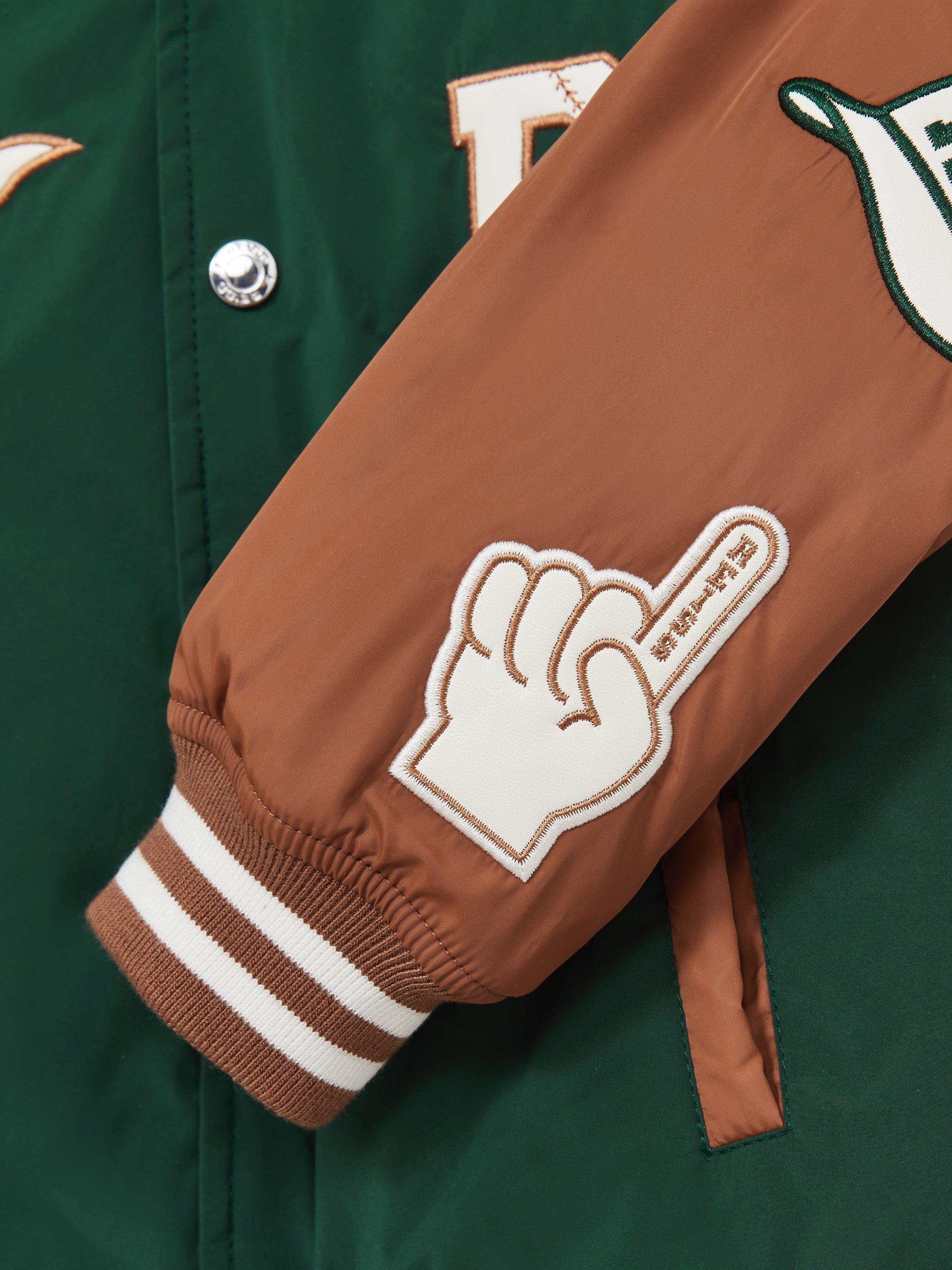 Product image 4 of 5, which shows Reiss Kids' Wells Colour Block Baseball Bomber Jacket, Green/Tobacco Brown, 3-4 years