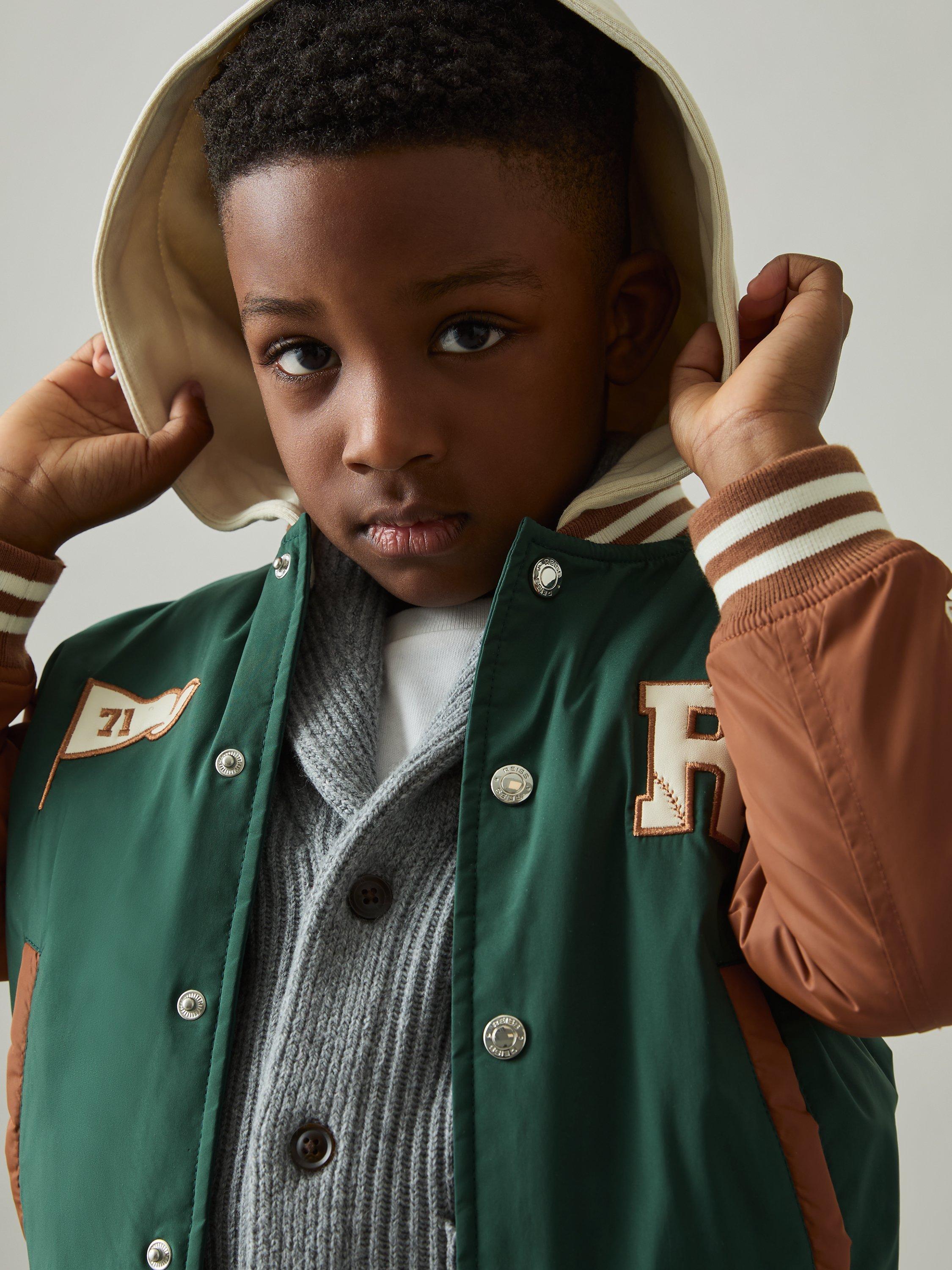 Product image 5 of 5, which shows Reiss Kids' Wells Colour Block Baseball Bomber Jacket, Green/Tobacco Brown, 3-4 years