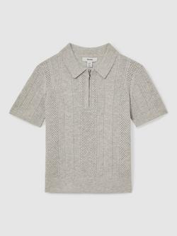 Reiss Kids' Texas Textured Half Zip Polo Shirt, Grey Melange
