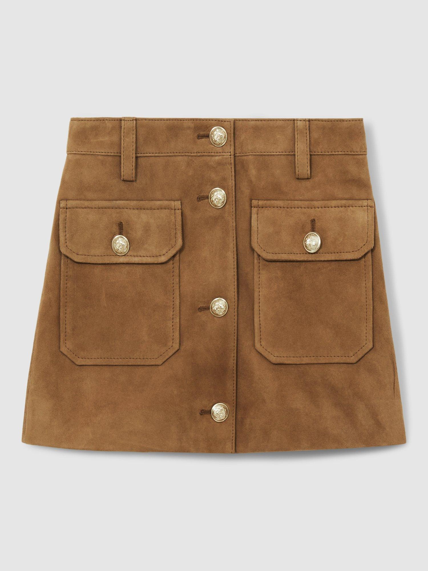 Product image 1 of 4, which shows Reiss Kids' Connie Suede A-Line Skirt, Mid Brown, 5-6 years