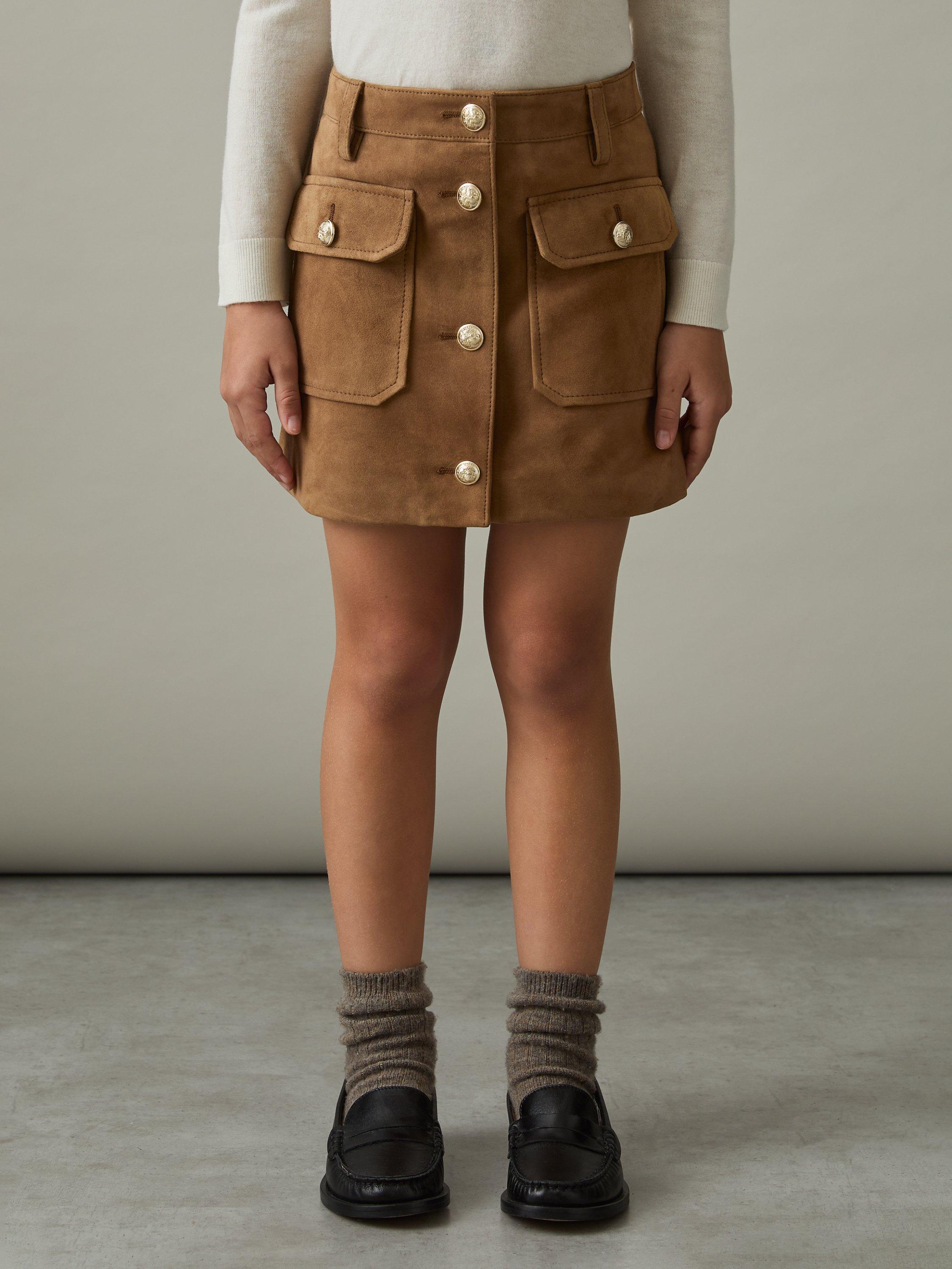 Product image 2 of 4, which shows Reiss Kids' Connie Suede A-Line Skirt, Mid Brown, 5-6 years