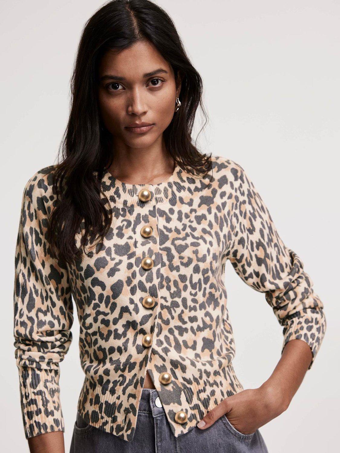 Mint Velvet Cropped Leopard Print Cardigan, Natural/Multi