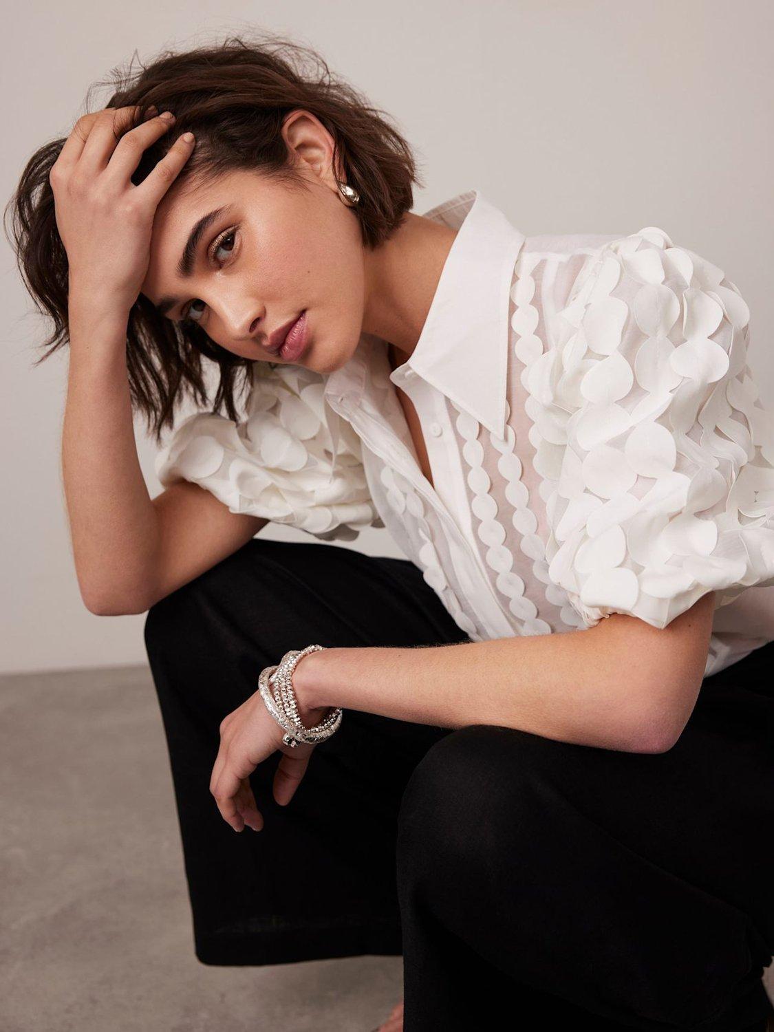 Product image 2 of 7, which shows Mint Velvet Puff Sleeve Appliqué Shirt, White Ivory, 6