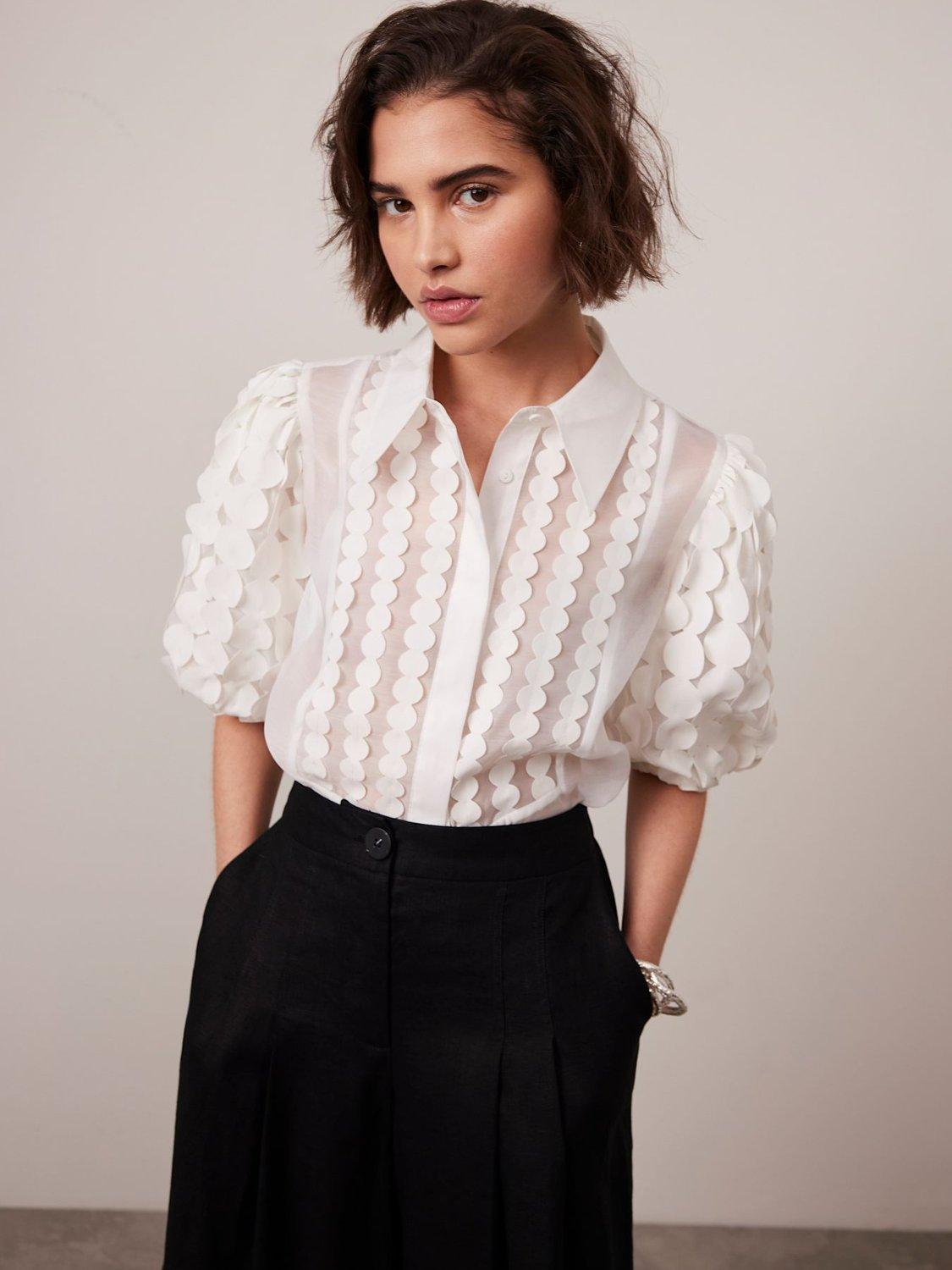 Product image 3 of 7, which shows Mint Velvet Puff Sleeve Appliqué Shirt, White Ivory, 6