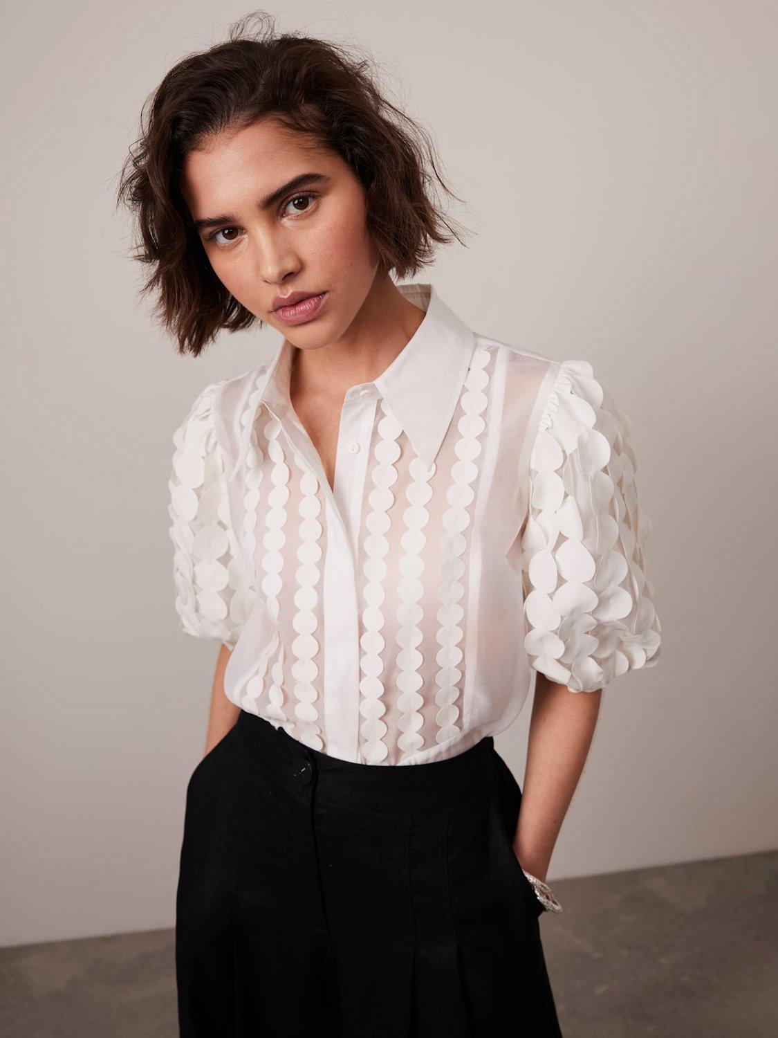 Product image 5 of 7, which shows Mint Velvet Puff Sleeve Appliqué Shirt, White Ivory, 6