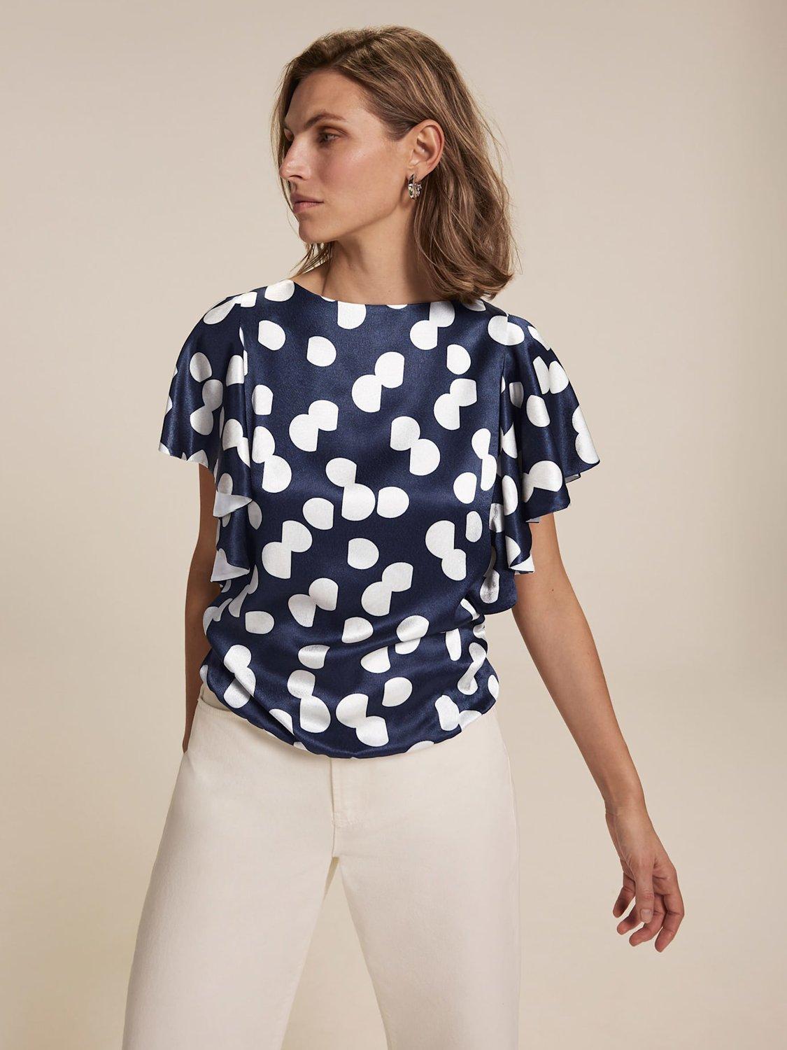 Product image 3 of 8, which shows Mint Velvet Polka Dot Cropped Top, Navy/White, XS
