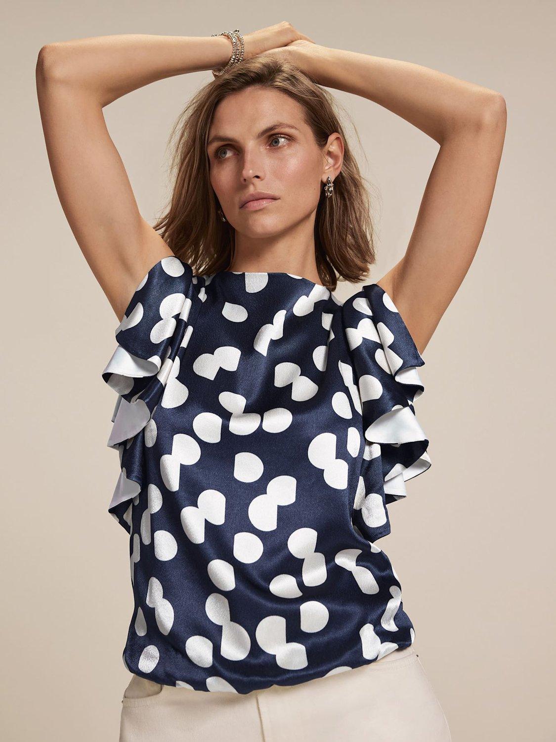 Product image 5 of 8, which shows Mint Velvet Polka Dot Cropped Top, Navy/White, XS