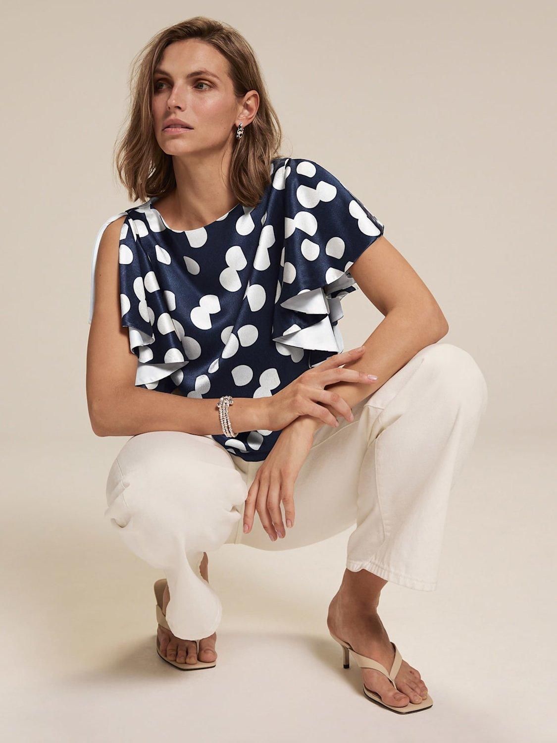 Product image 6 of 8, which shows Mint Velvet Polka Dot Cropped Top, Navy/White, XS