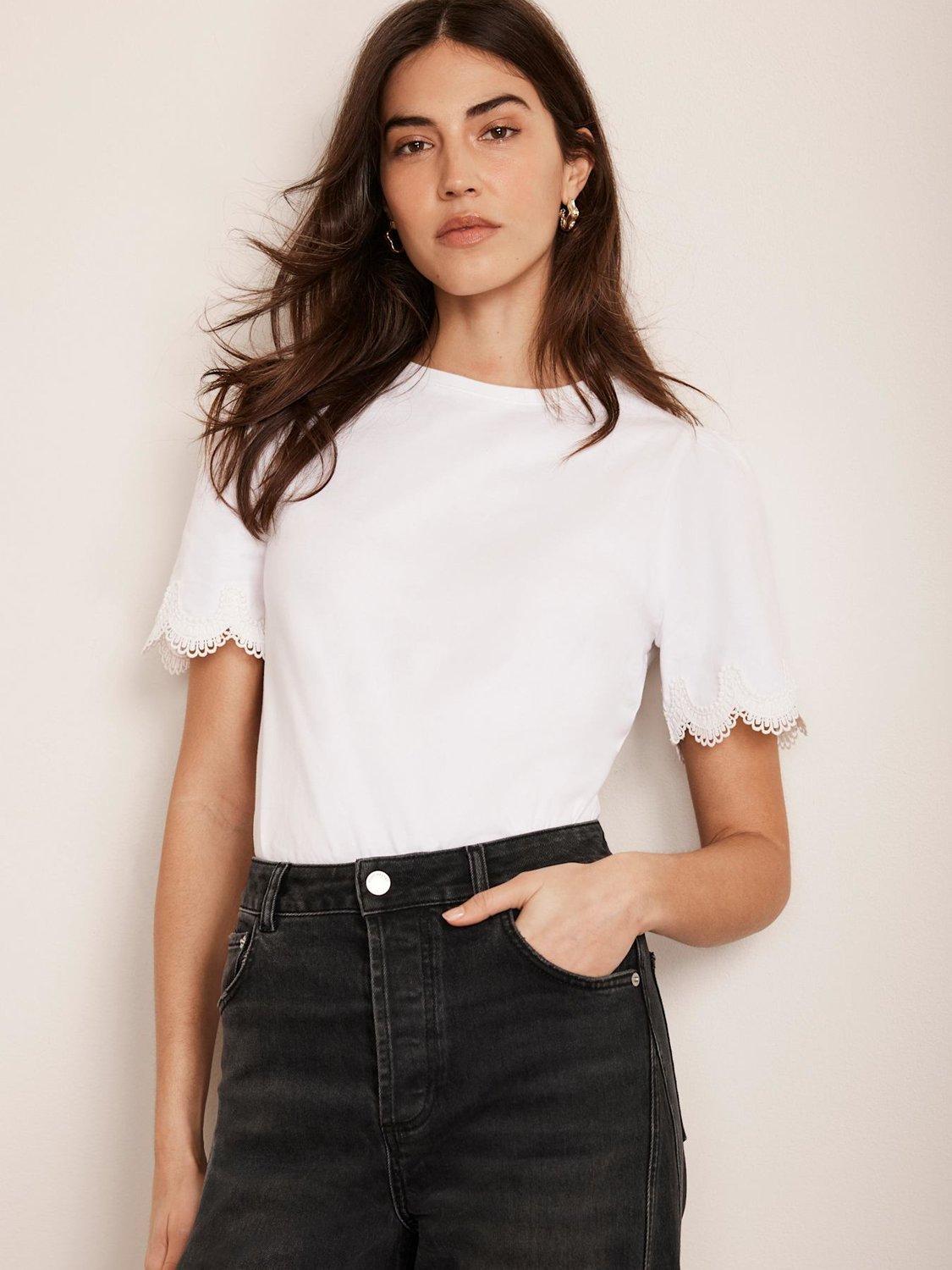 Product image 1 of 9, which shows Mint Velvet Lace Trim Sleeve T-Shirt,Ivory, S