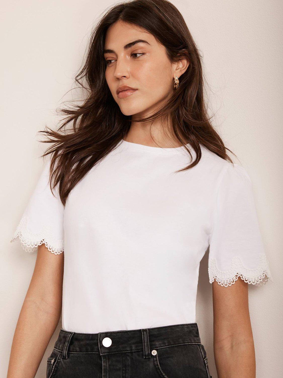 Product image 2 of 9, which shows Mint Velvet Lace Trim Sleeve T-Shirt,Ivory, S