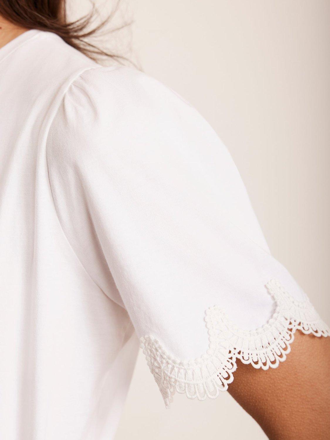 Product image 4 of 9, which shows Mint Velvet Lace Trim Sleeve T-Shirt,Ivory, S