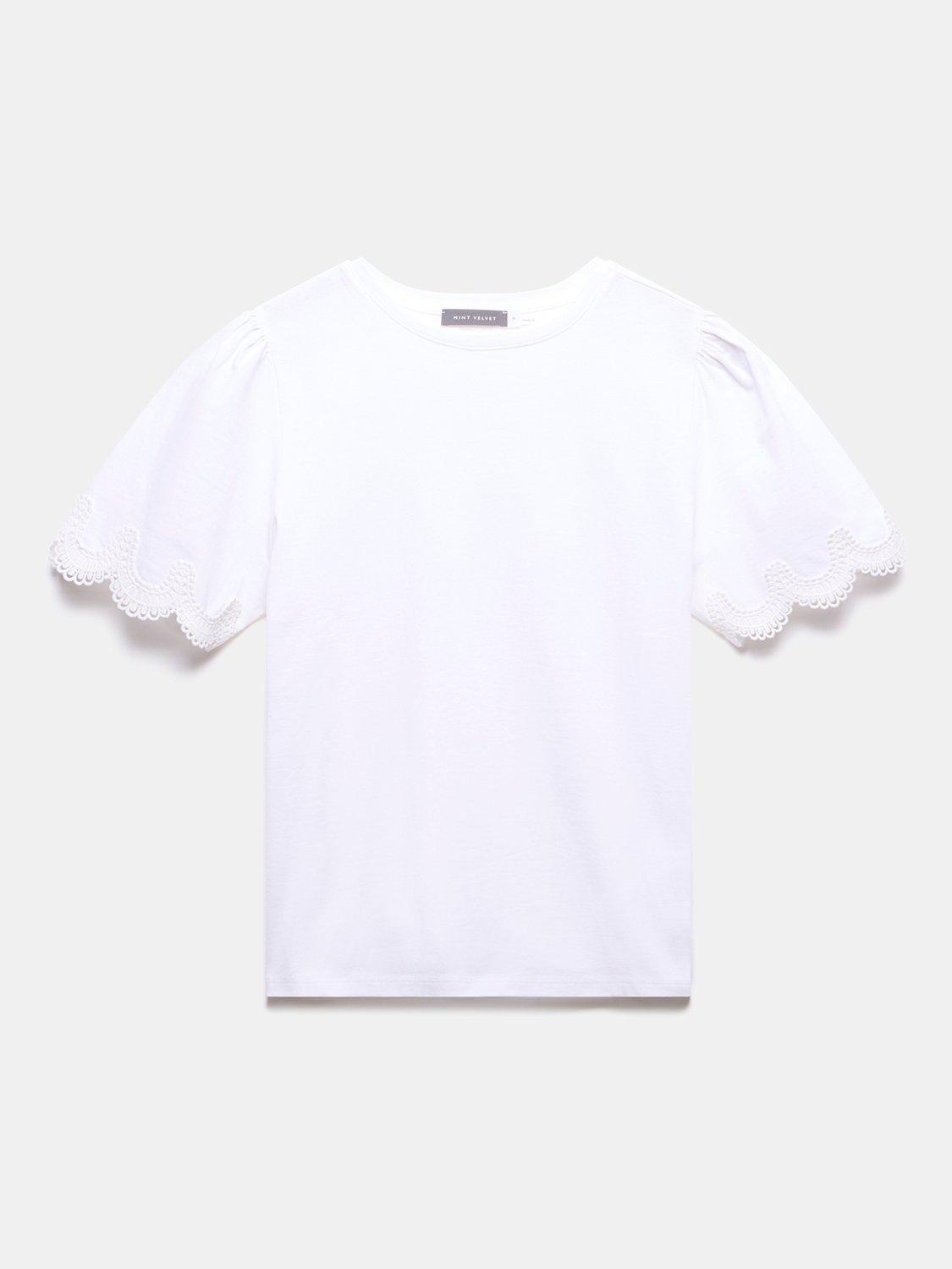 Product image 7 of 9, which shows Mint Velvet Lace Trim Sleeve T-Shirt,Ivory, S