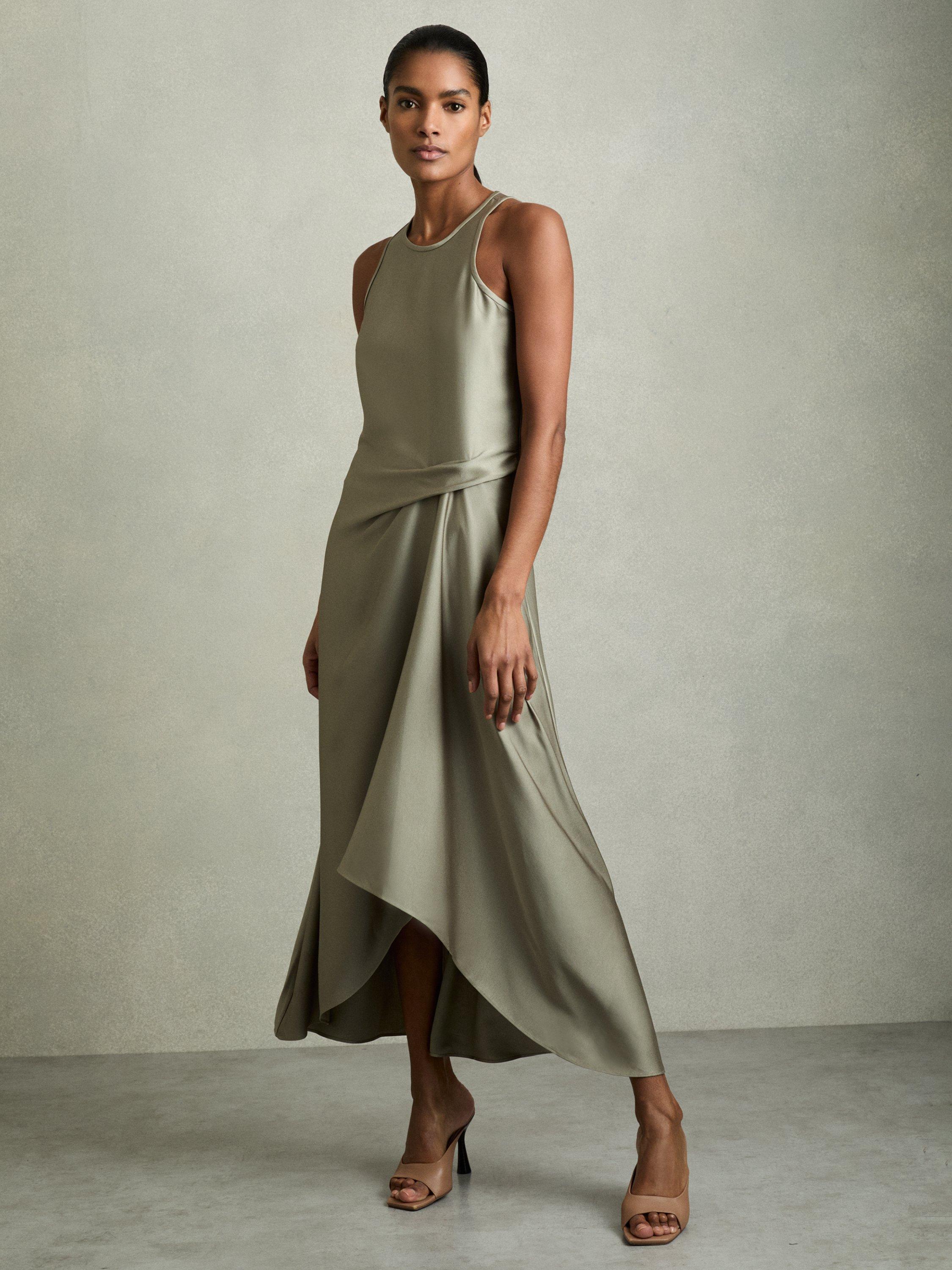 Product image 1 of 4, which shows Reiss Micah Drape Maxi Dress, Khaki, 6