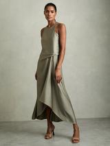 Reiss Alba Asymmetric Ruffle Midi Dress, Green