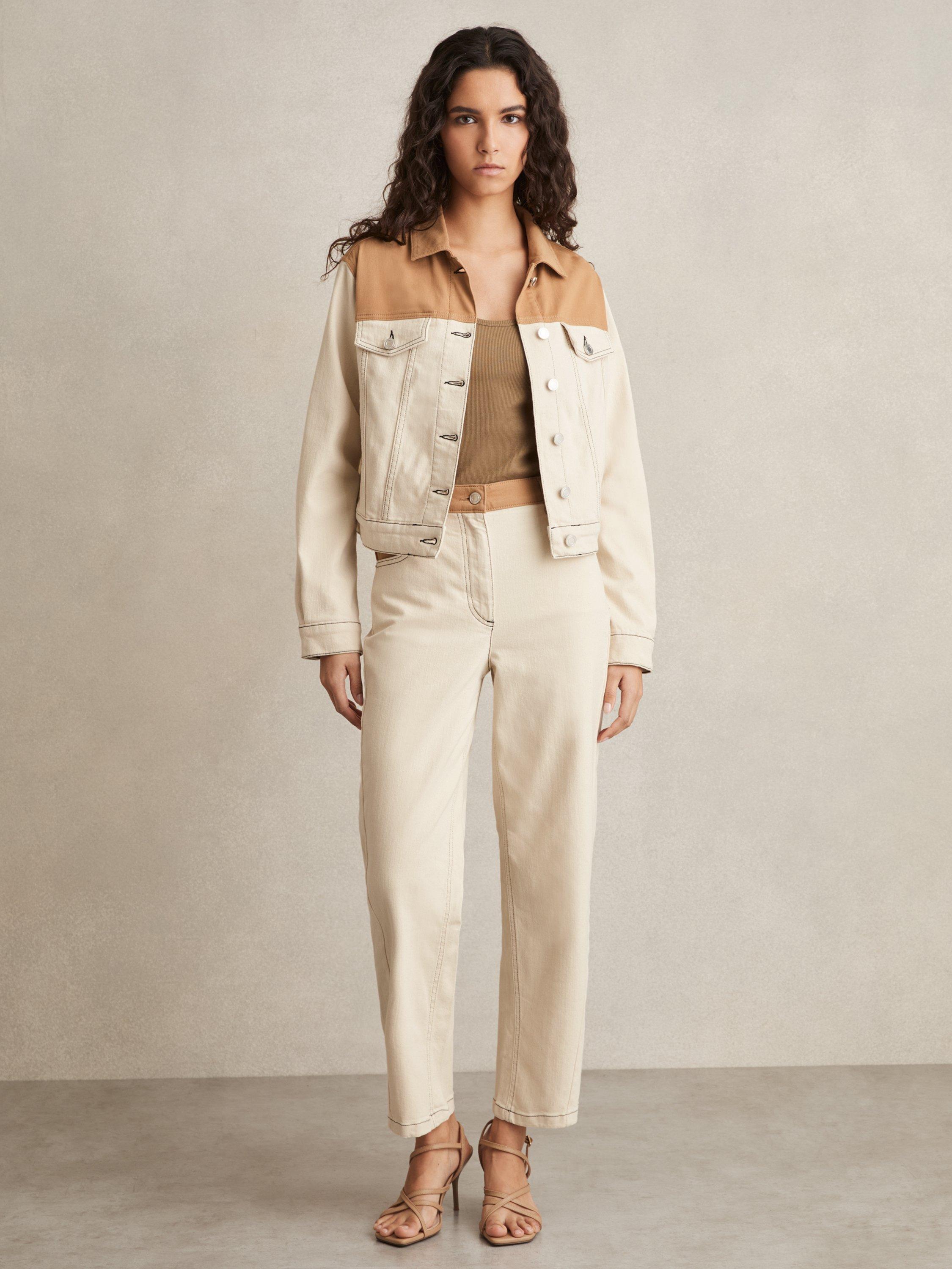 Product image 1 of 5, which shows Reiss Maddie Contrast Waist Straight Leg Jeans, Ecru, 24R