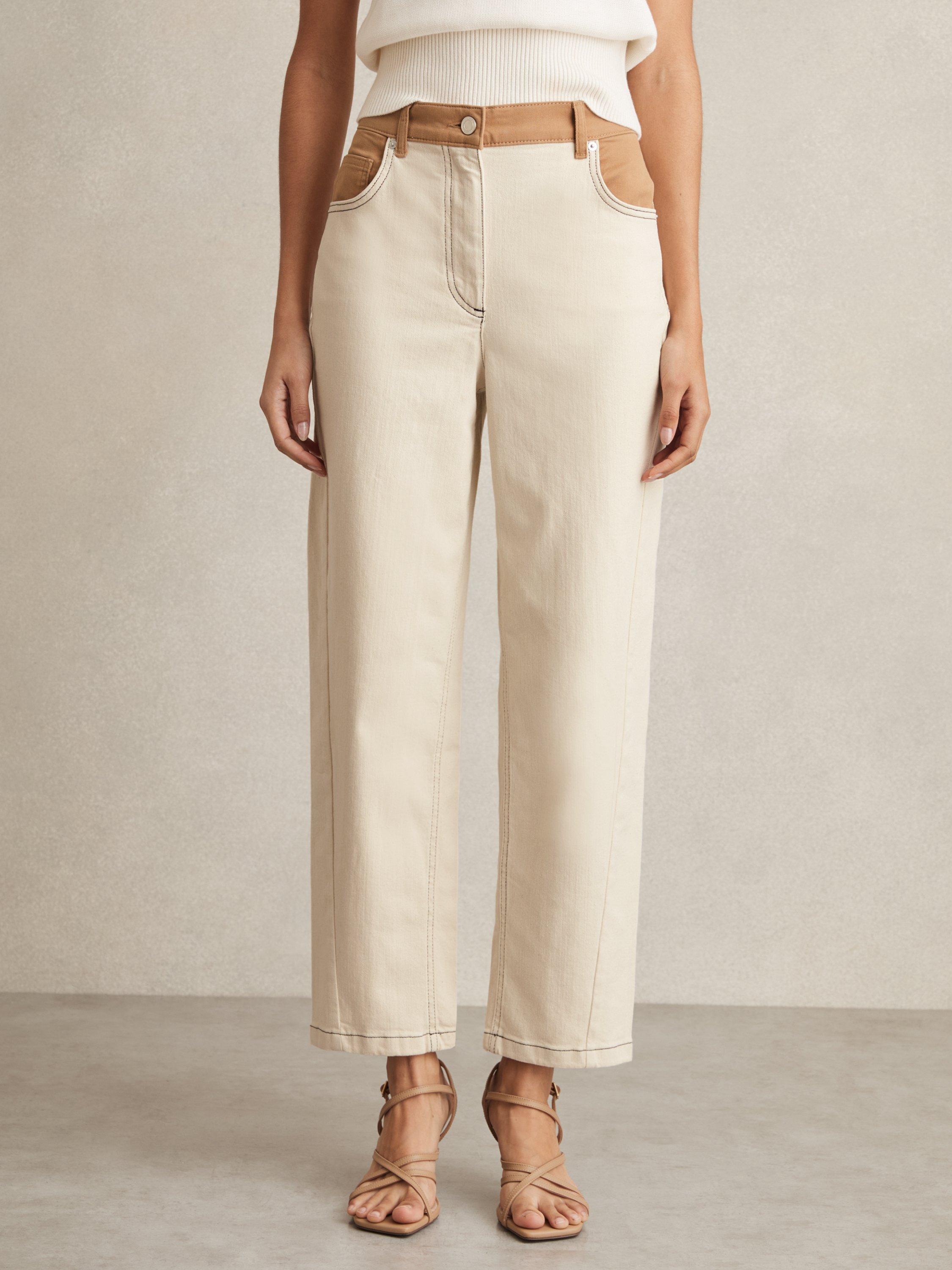 Product image 4 of 5, which shows Reiss Maddie Contrast Waist Straight Leg Jeans, Ecru, 24R