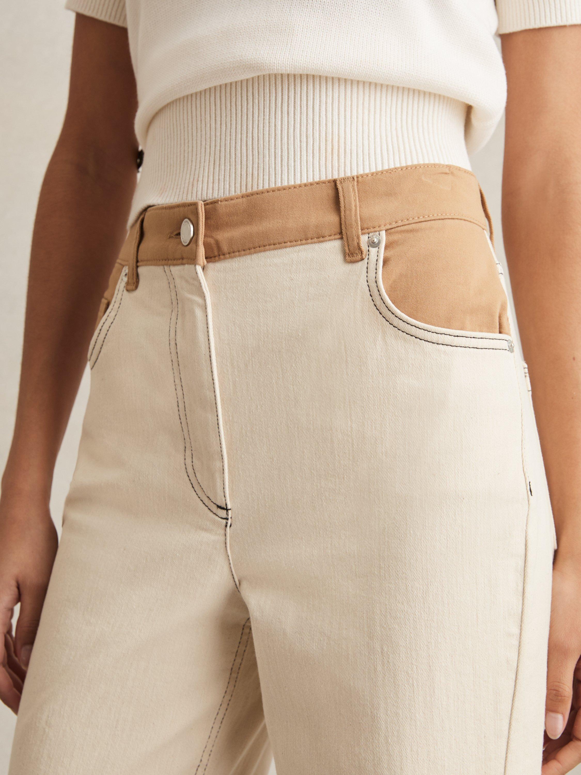 Product image 5 of 5, which shows Reiss Maddie Contrast Waist Straight Leg Jeans, Ecru, 24R