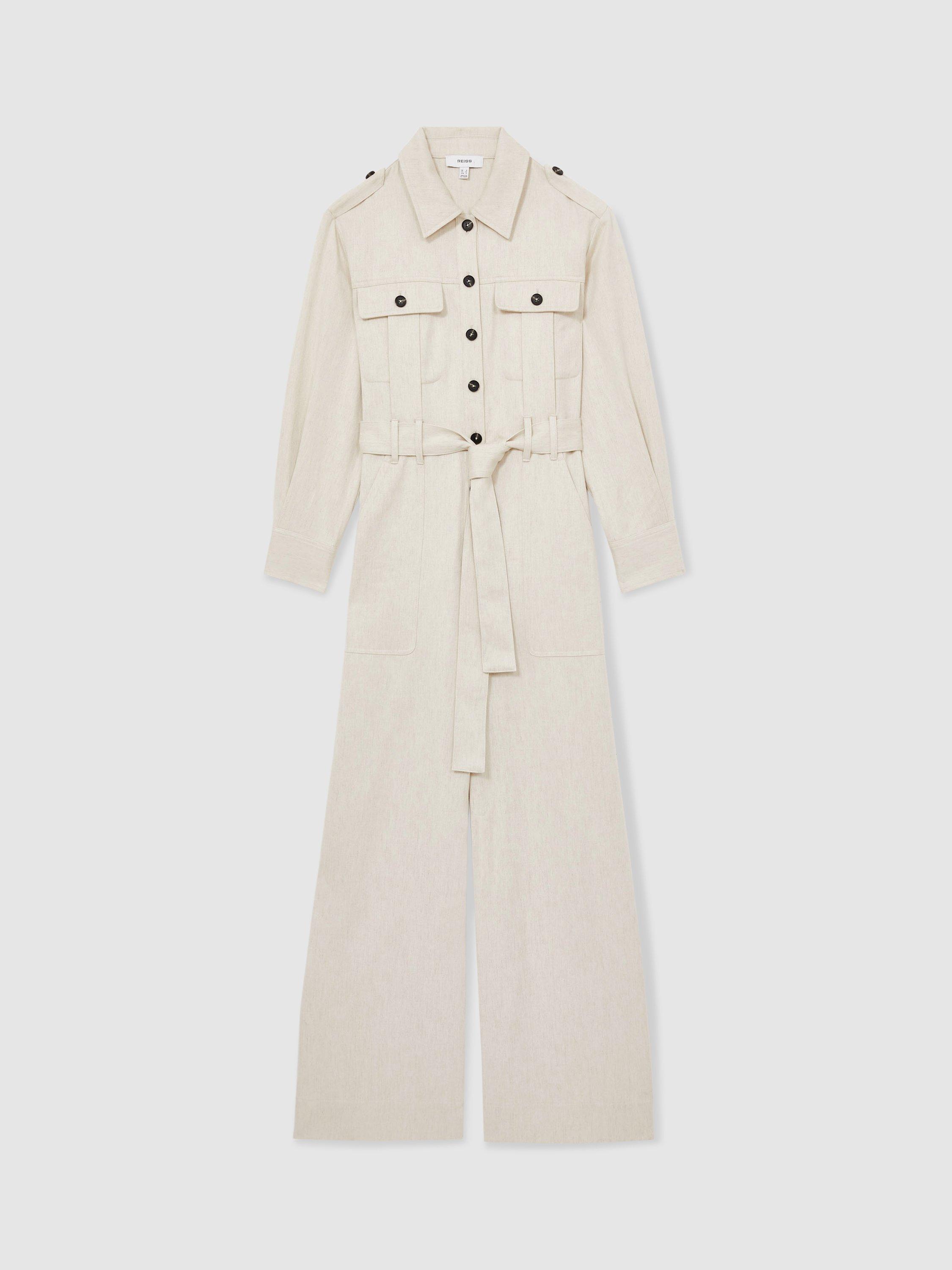 Product image 3 of 5, which shows Reiss Anais Belted Wide Leg Utility Jumpsuit, Cream, 12
