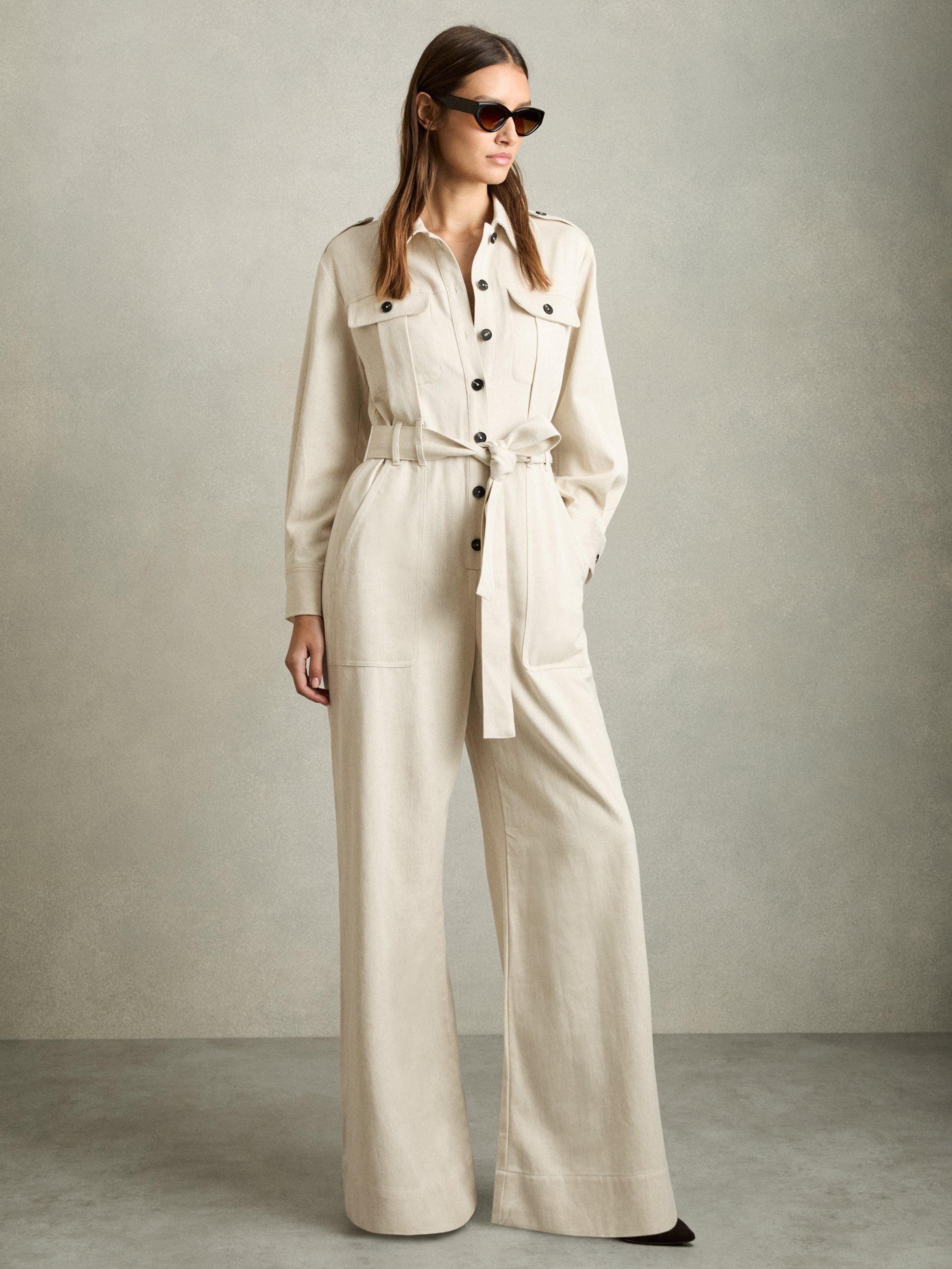 Product image 4 of 5, which shows Reiss Anais Belted Wide Leg Utility Jumpsuit, Cream, 12