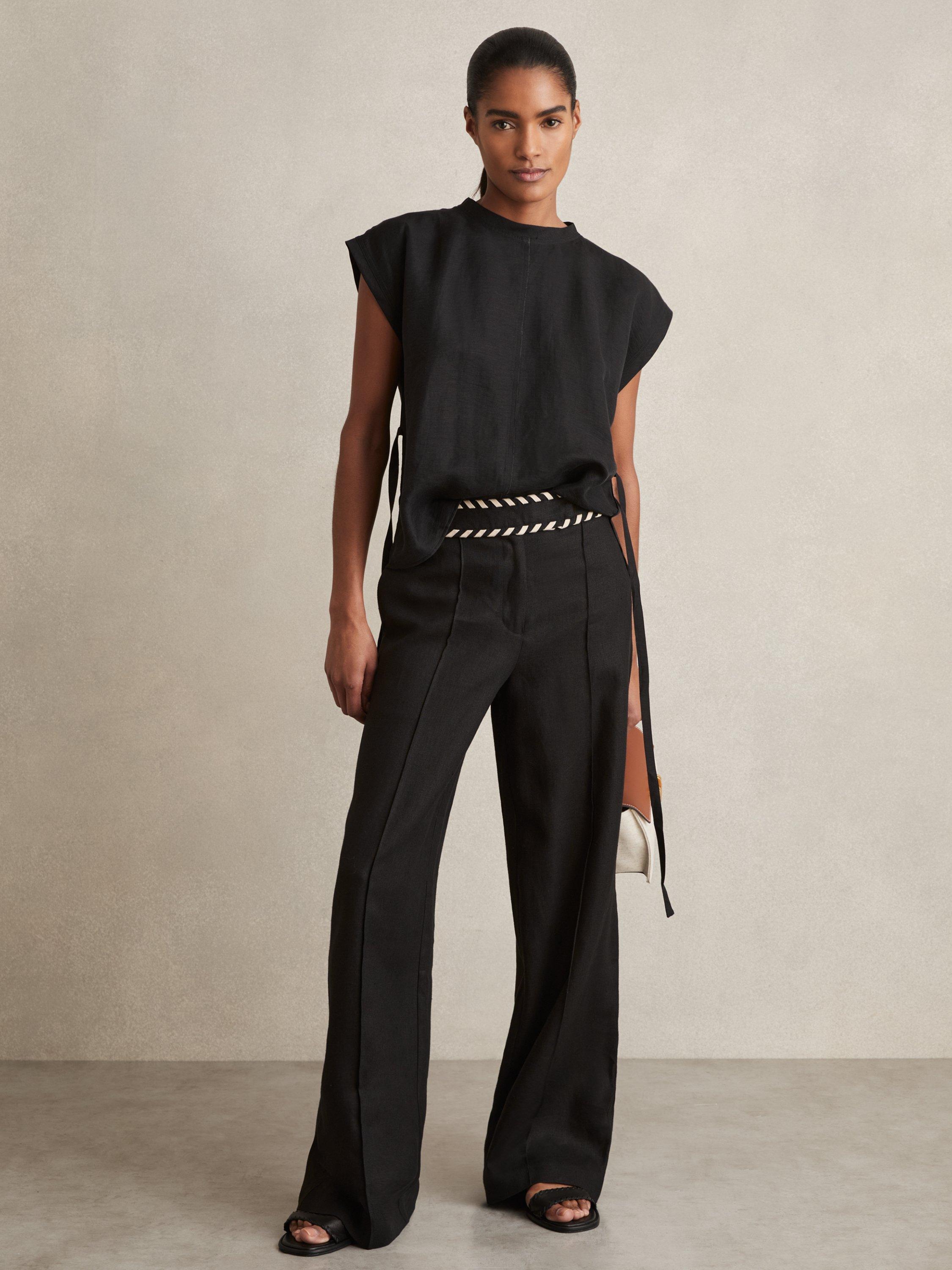 Product image 1 of 5, which shows Reiss Fawn Linen Wide Leg Trousers, Black, 6R