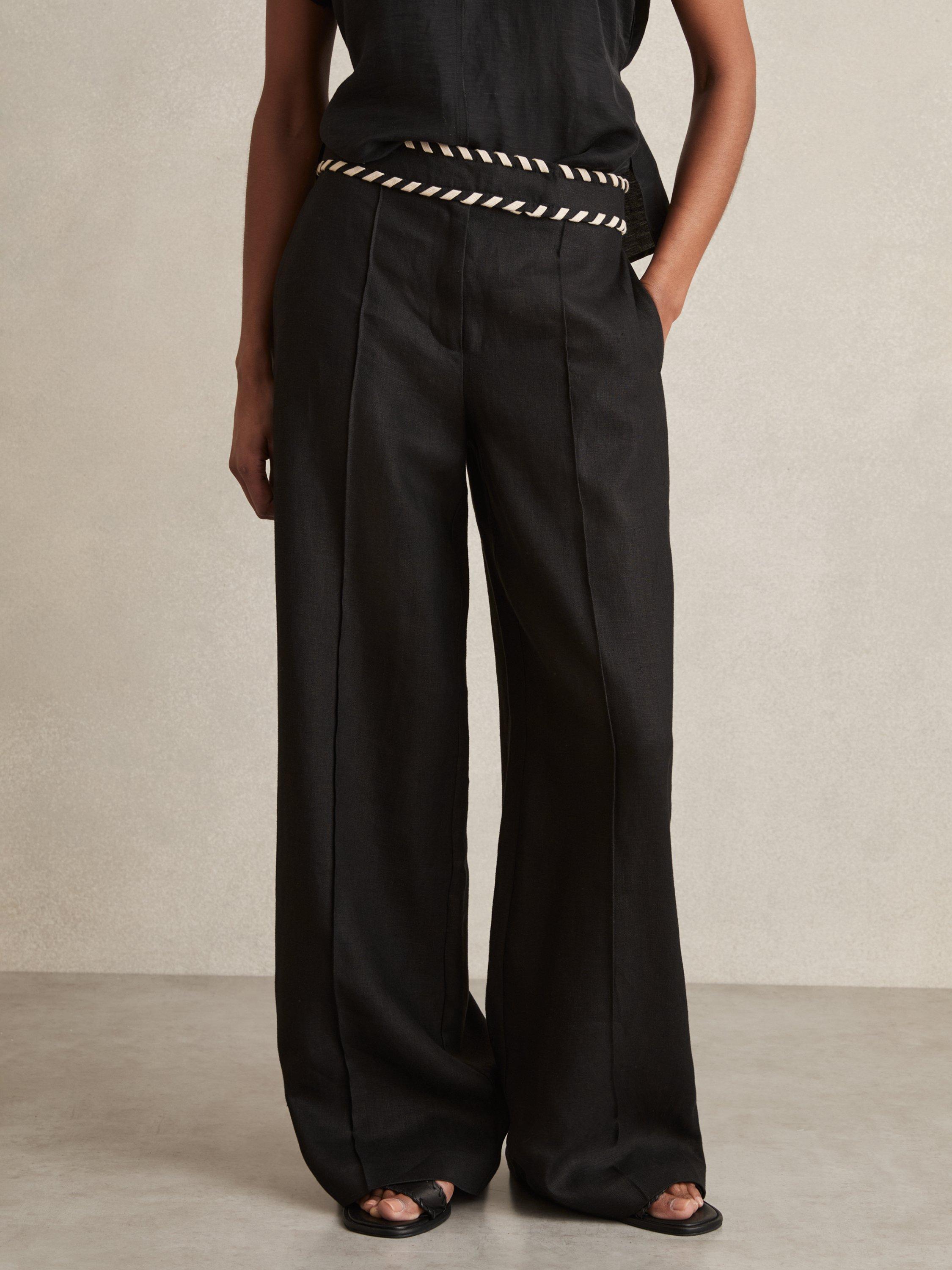 Product image 4 of 5, which shows Reiss Fawn Linen Wide Leg Trousers, Black, 6R