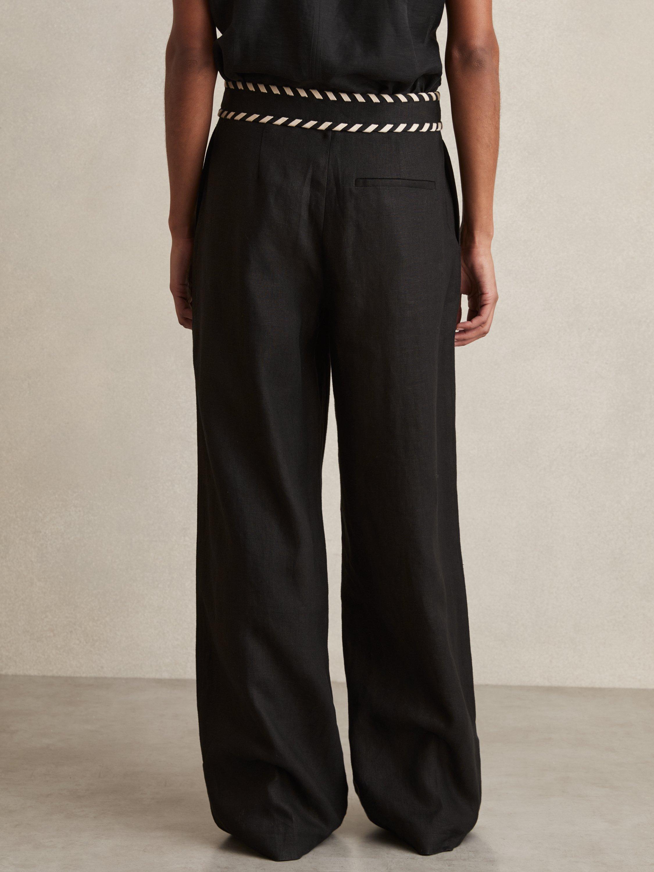Product image 2 of 5, which shows Reiss Petite Fawn Linen Wide Leg Trousers, Black, 6Pt