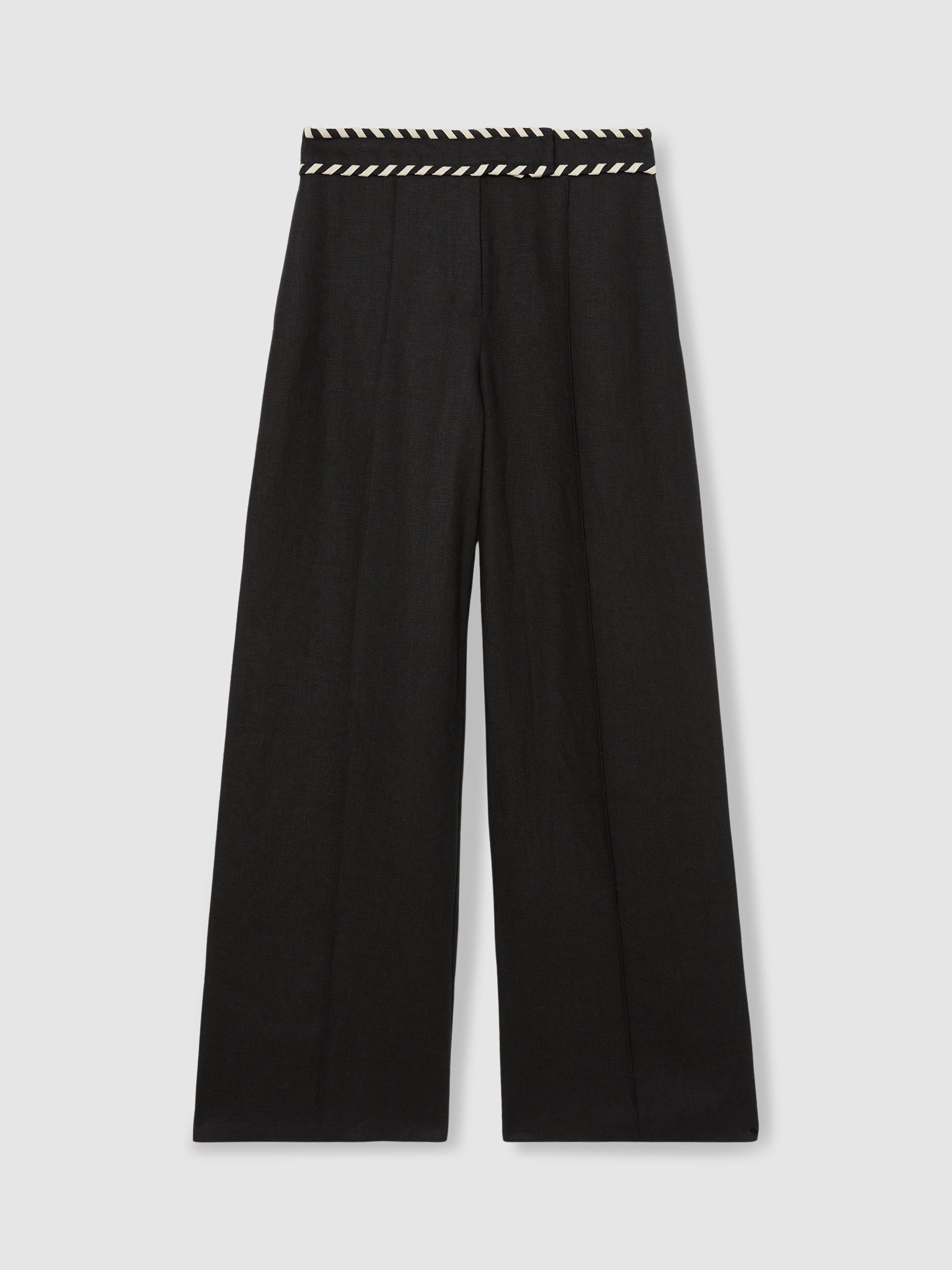 Product image 3 of 5, which shows Reiss Petite Fawn Linen Wide Leg Trousers, Black, 6Pt