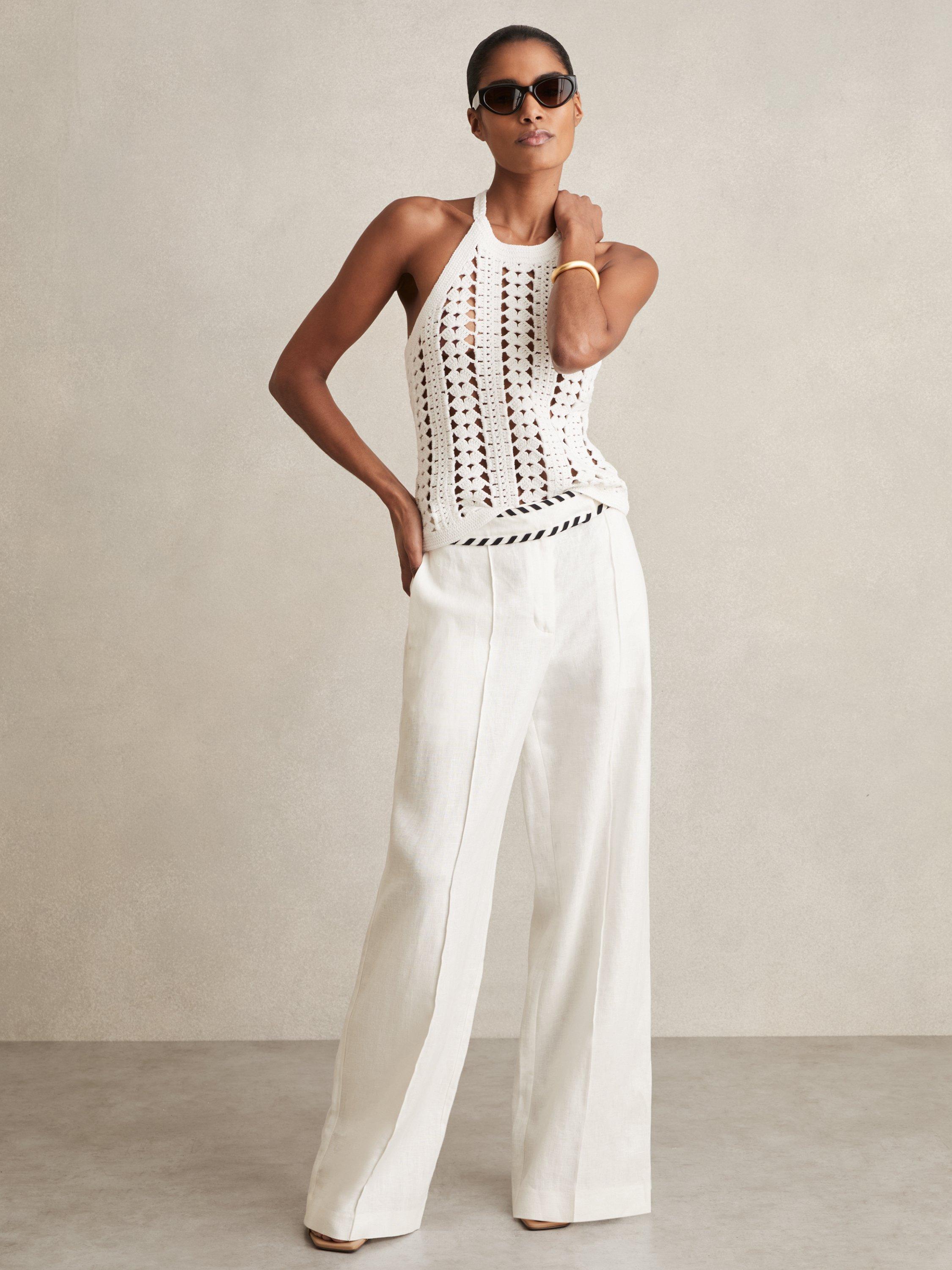 Product image 1 of 5, which shows Reiss Fawn Linen Wide Leg Trousers, White, 6R