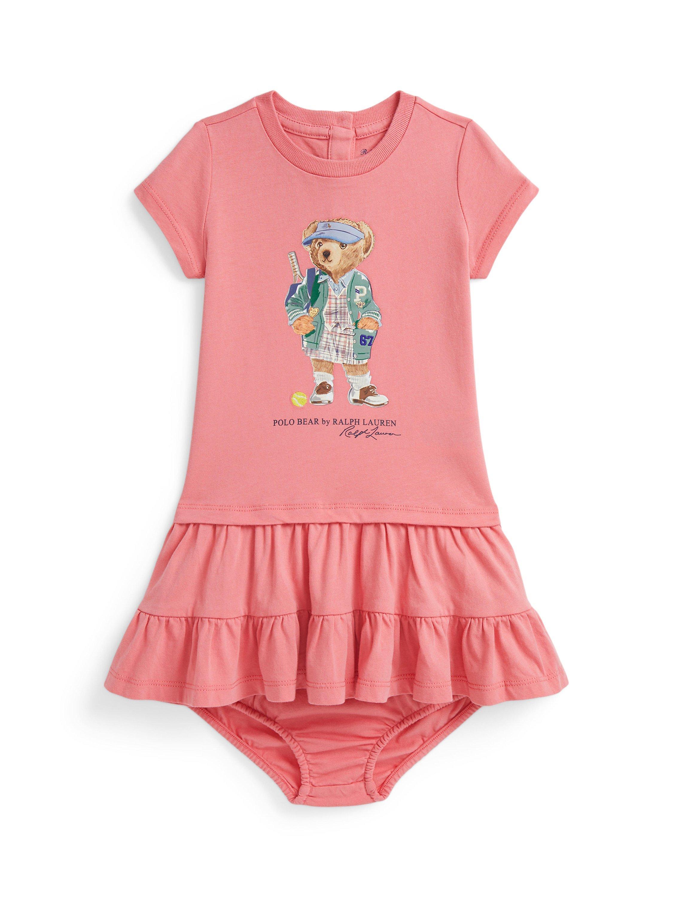 Product image 1 of 3, which shows Ralph Lauren Baby Cotton Short Sleeved Tennis Polo Bear Dress, Faded Peony, 3 months