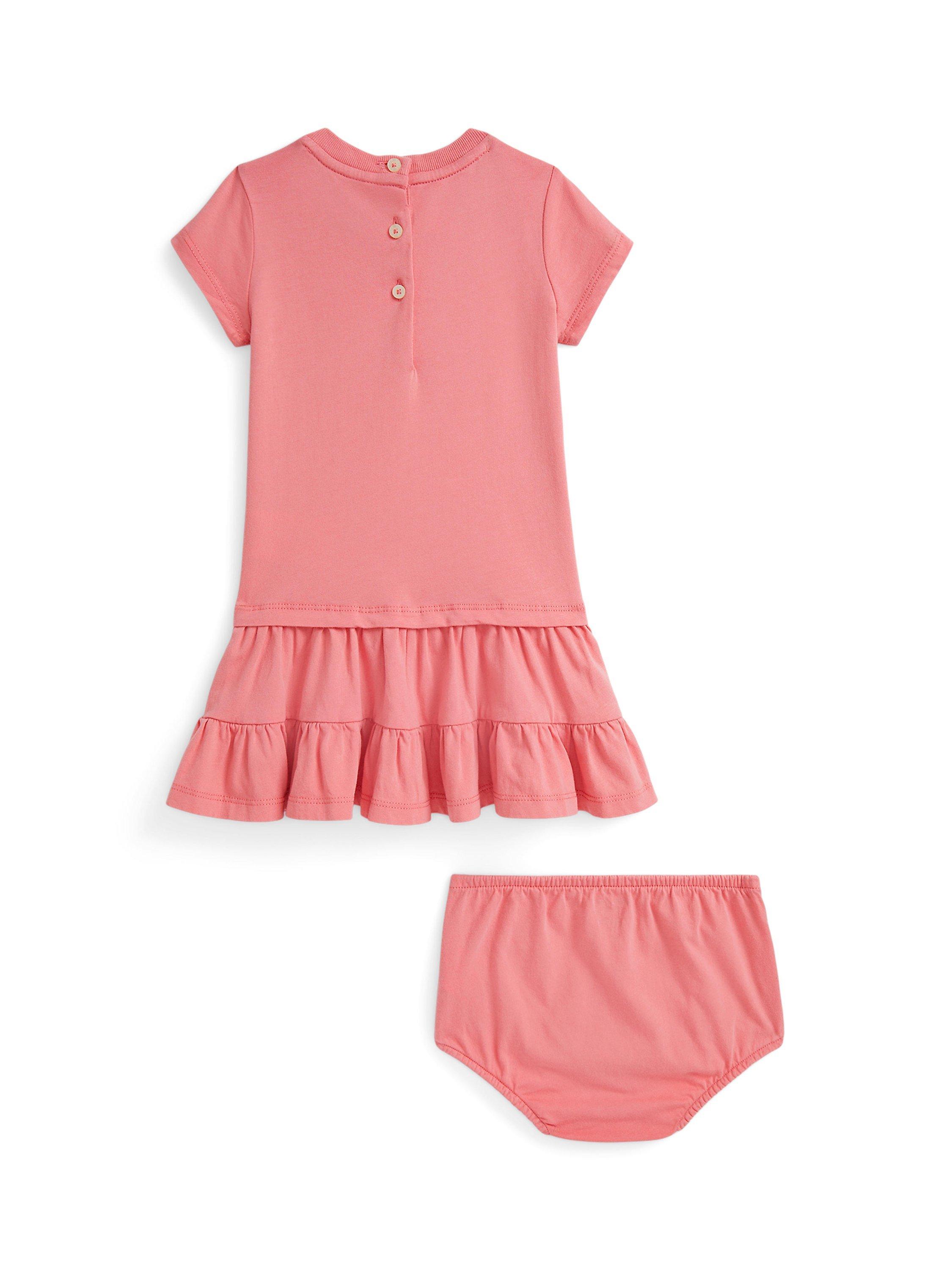 Product image 2 of 3, which shows Ralph Lauren Baby Cotton Short Sleeved Tennis Polo Bear Dress, Faded Peony, 3 months