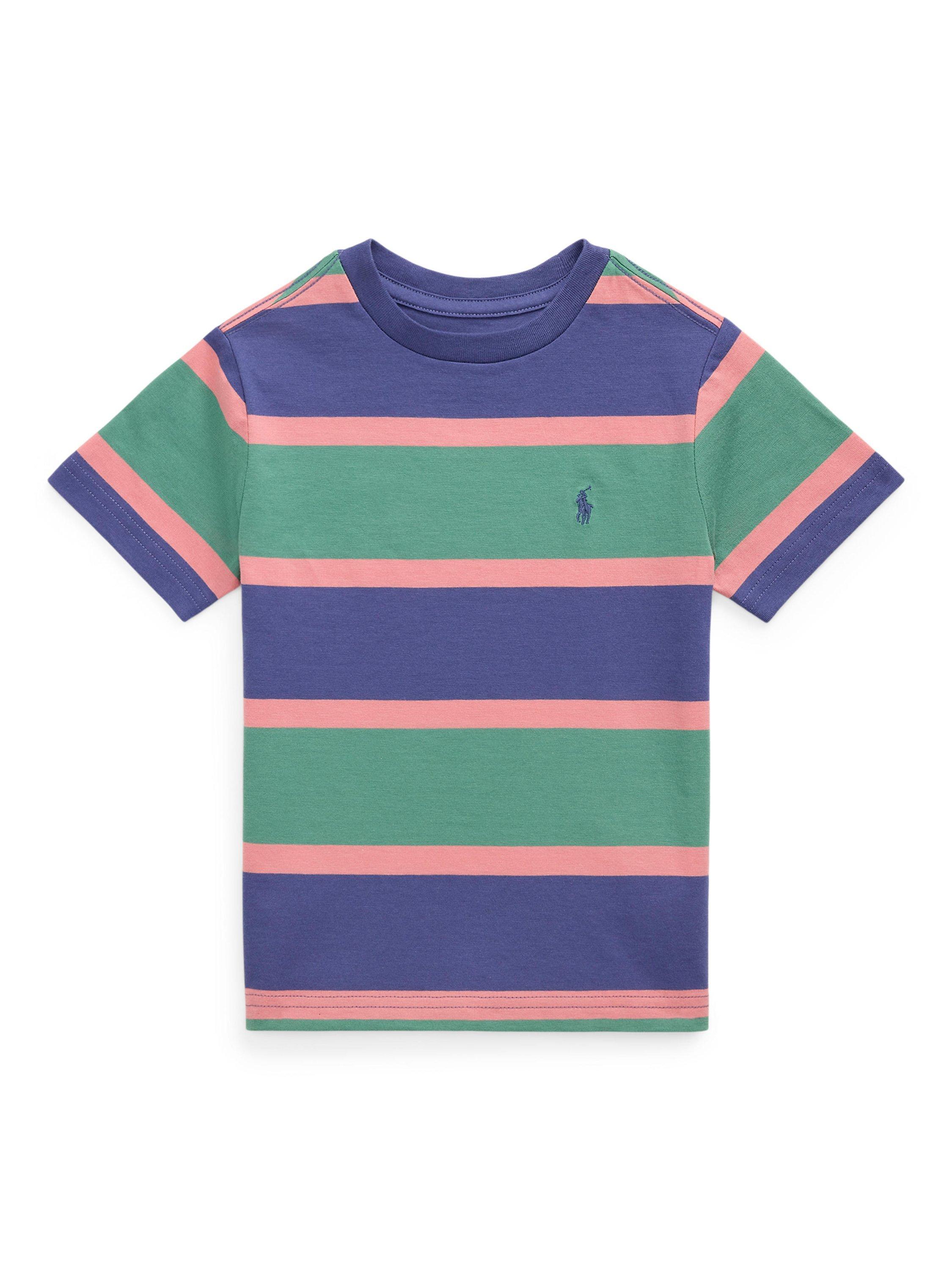 Product image 1 of 2, which shows Ralph Lauren Kids' Cotton Striped Crew Neck T-Shirt, Fairway Green, 2 years