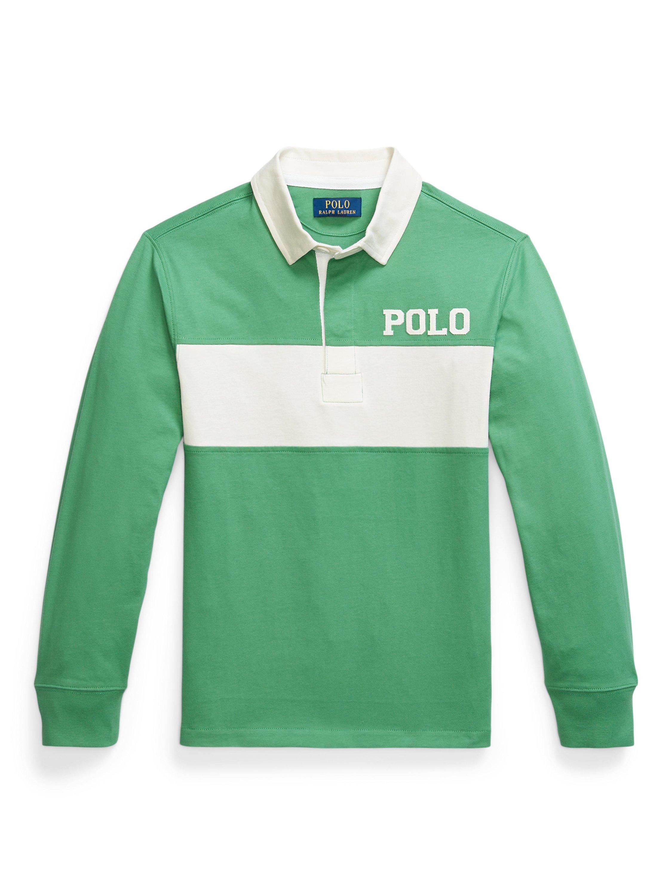 Product image 1 of 2, which shows Ralph Lauren Kids' Cotton Long Sleeved Rugby Shirt, Raft Green, 2 years