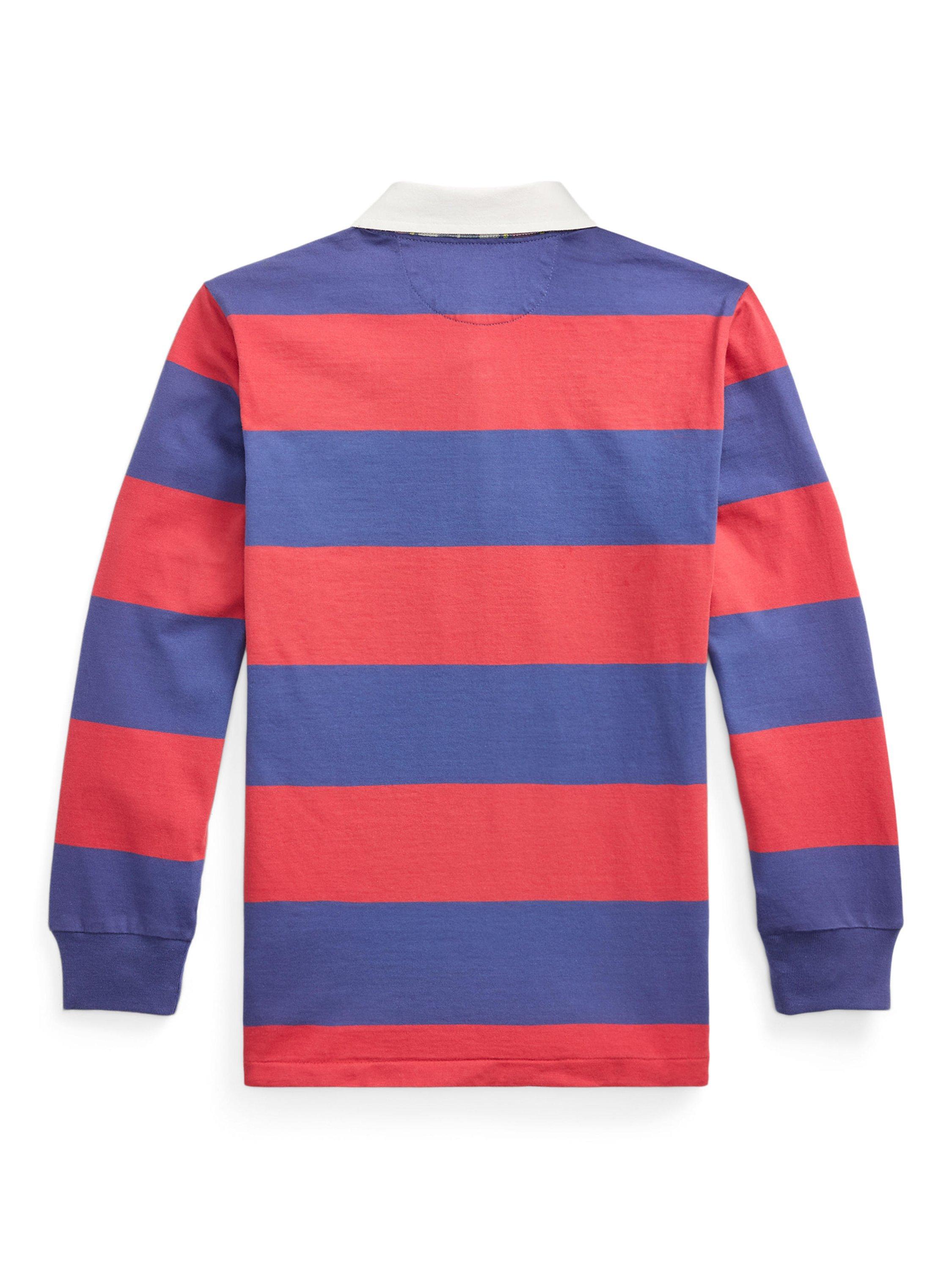 Product image 2 of 2, which shows Ralph Lauren Kids' Cotton Long Sleeved Rugby Shirt, Red/Blue, 2 years