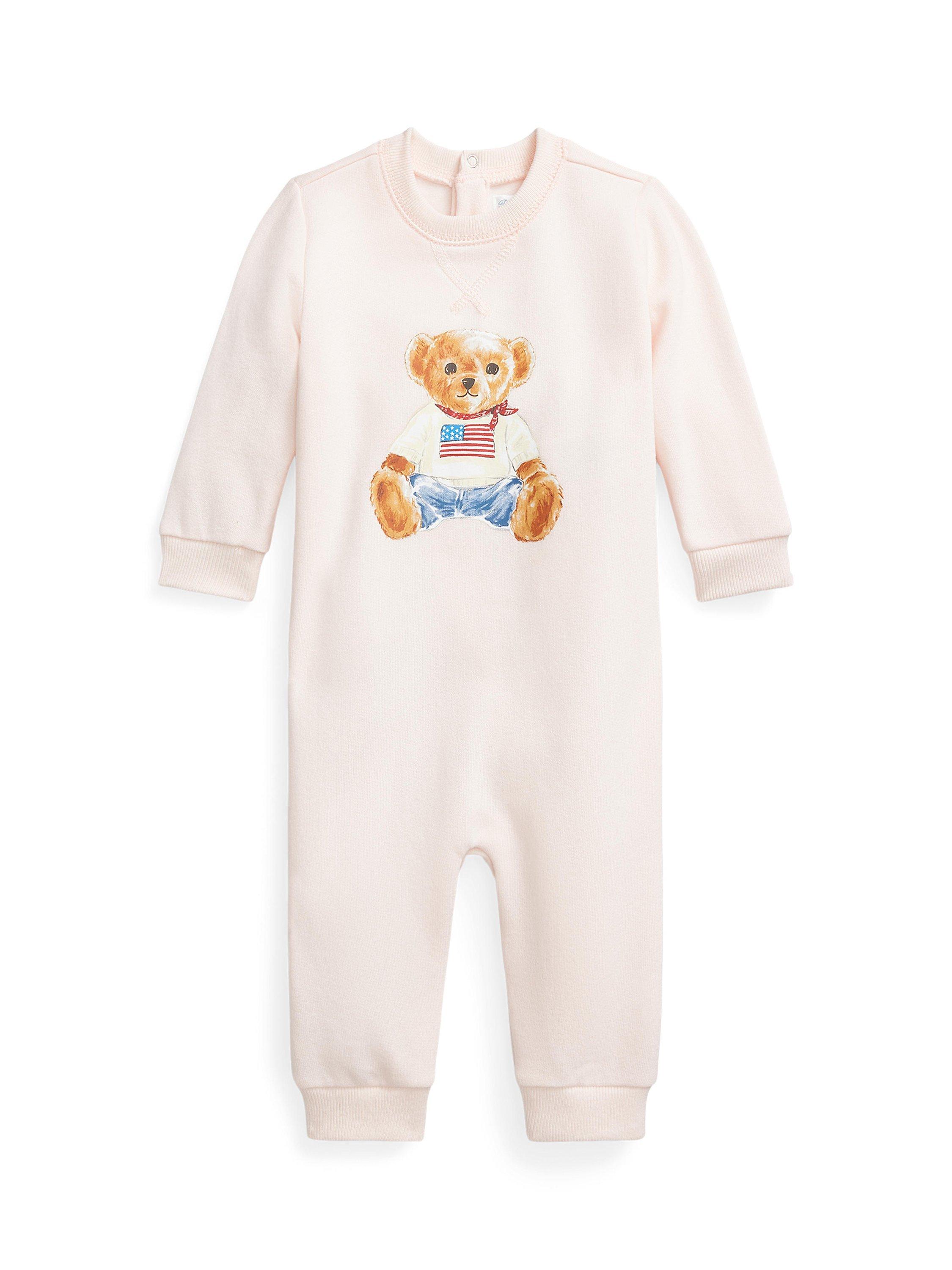 Product image 1 of 2, which shows Ralph Lauren Baby Polo Bear Romper, Delicate Pink, Newborn