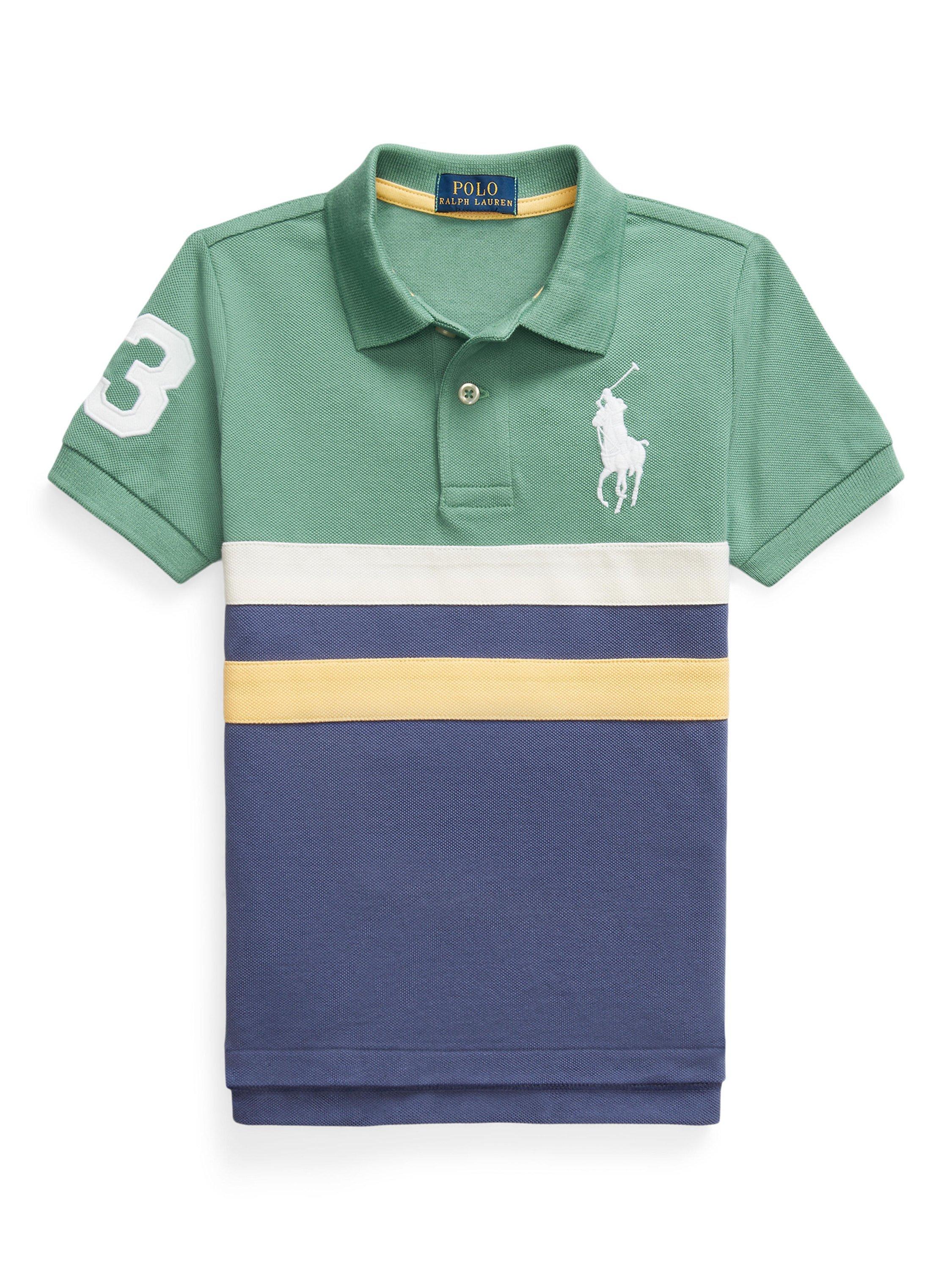Product image 1 of 2, which shows Ralph Lauren Kids' Cotton Long Sleeved Colour Block Polo Shirt, Fairway Green, 2 years