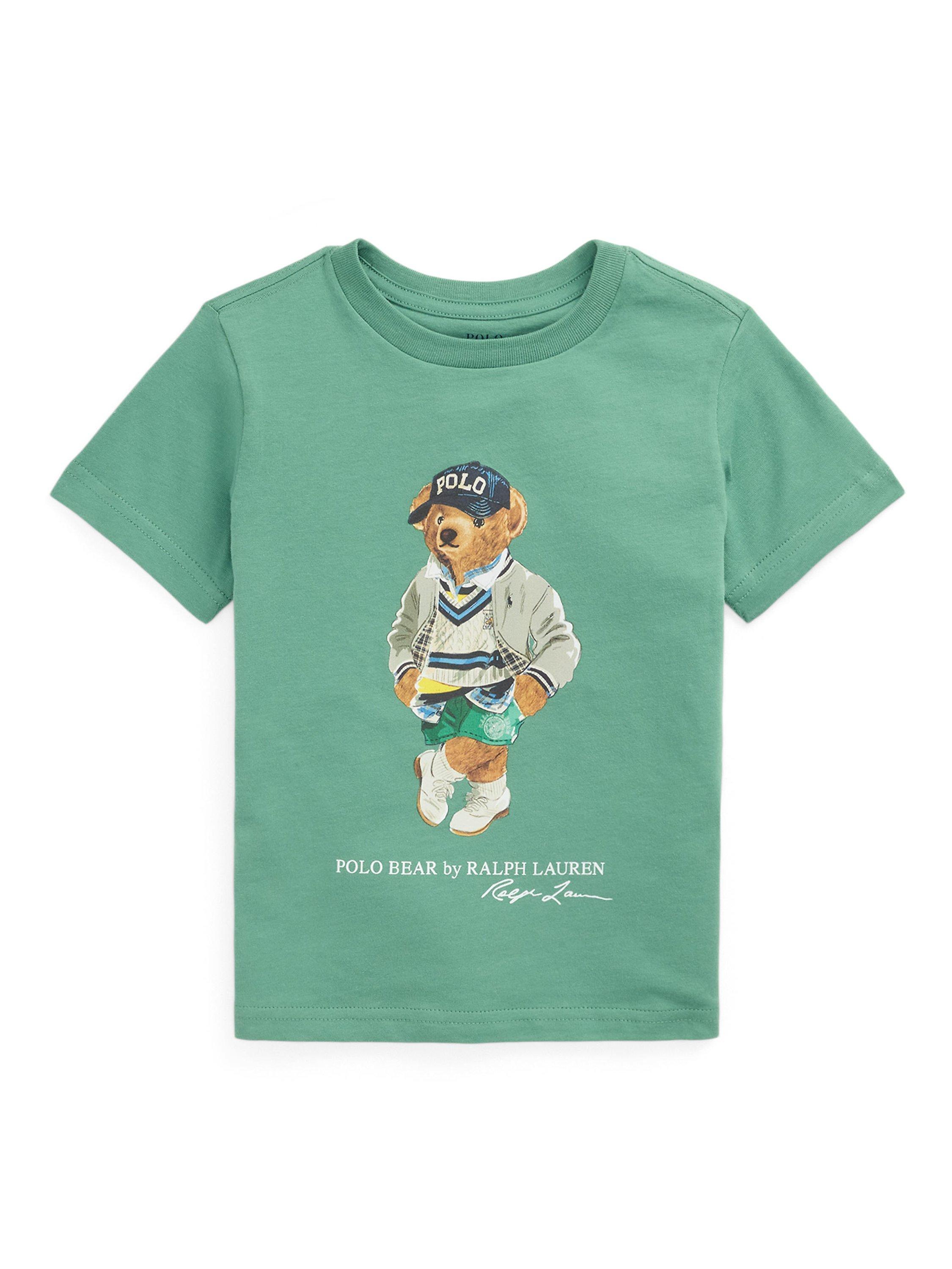 Product image 1 of 2, which shows Polo Ralph Lauren Kids' Cotton Round Neck Polo Bear T-Shirt, Fairway Green, 2 years
