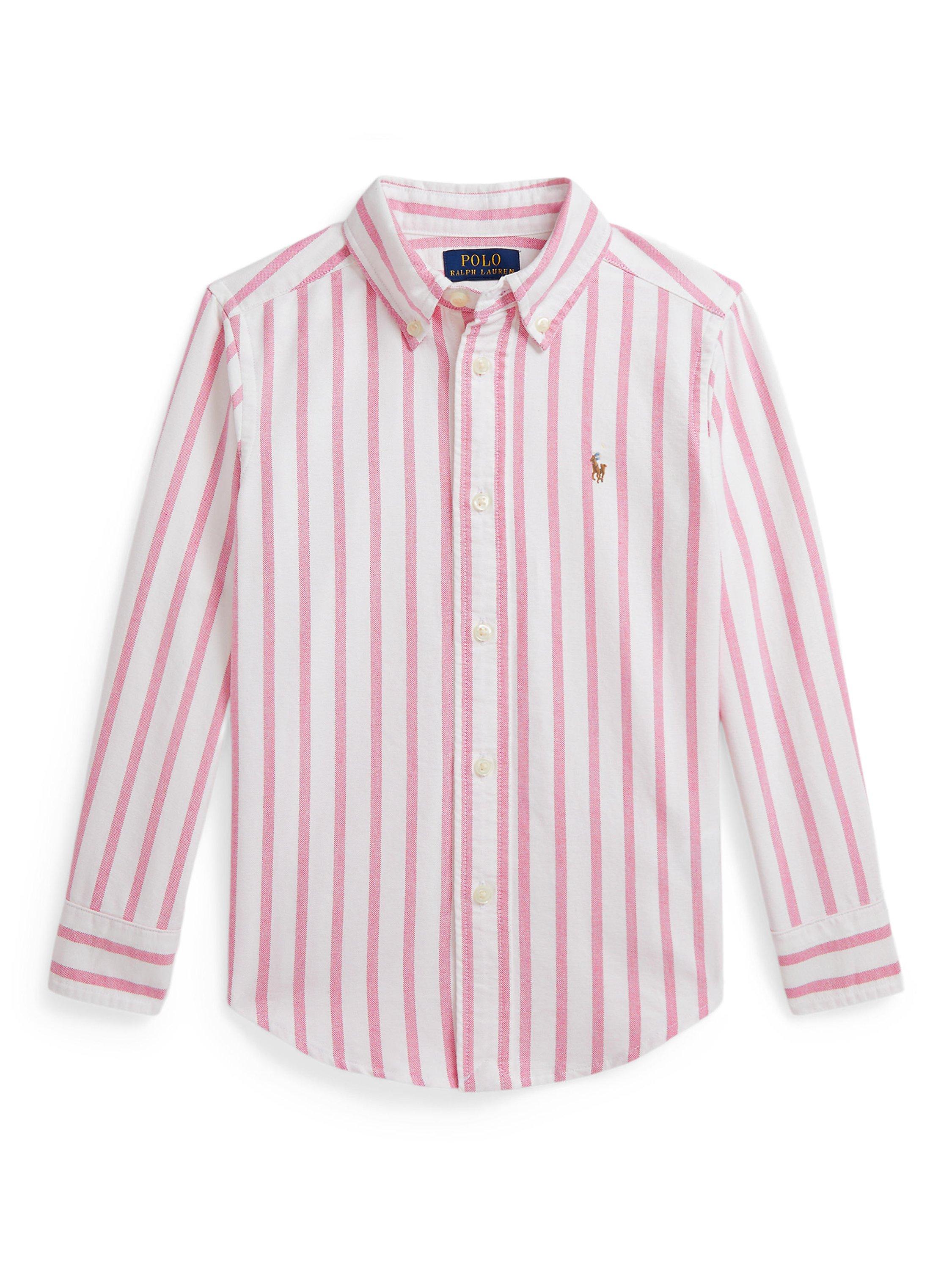 Product image 1 of 2, which shows Polo Ralph Lauren Kids' Cotton Long Sleeved Stripe Print Shirt, Pink/White, 2 years